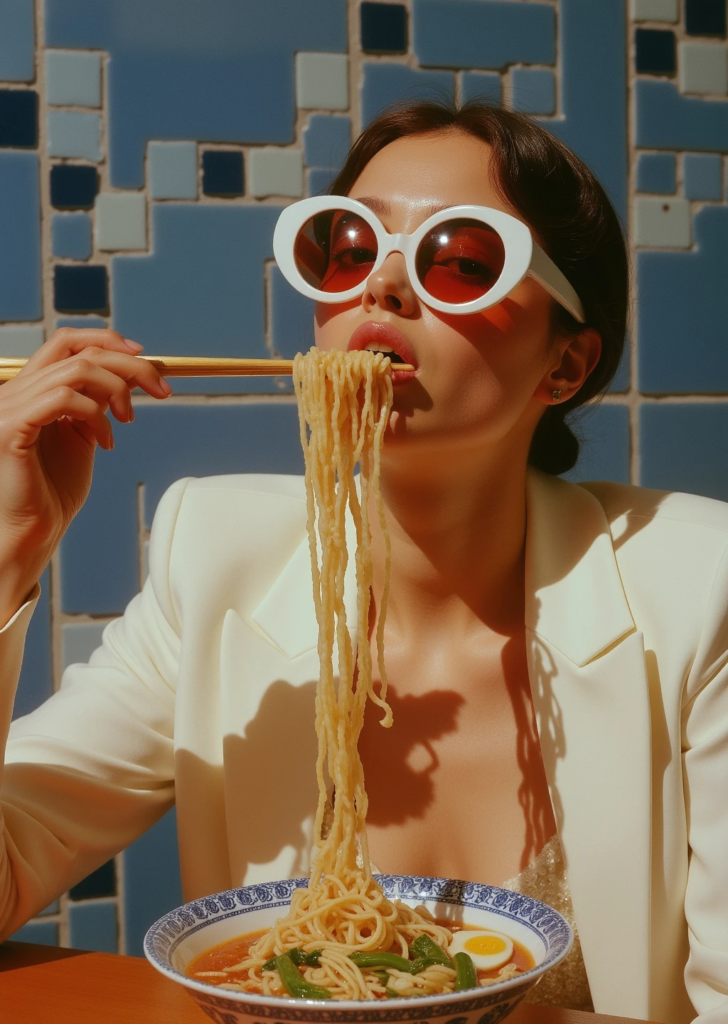 21h Editorial low-angle color photograph of a stylish young woman mid-slurp, chopsticks raised with a twisting bundle of steaming ramen noodles. She wears oversized, angular white sunglasses with amber-tinted lenses that reflect the warm glow of the restaurant lighting, and a slightly oversized vintage windbreaker in off-white nylon with subtle green piping. Behind her, a wall of mismatched blue-and-white ceramic tiles, grout lines uneven and slightly aged. Hard direct flash freezes the scene, throwing sharp shadows across the tiles and highlighting the glossy texture of the noodles. The bowl in front of her is ornate porcelain with a traditional blue border, filled with ramen, crisp vegetables, and glistening broth. Her posture leans in toward the lens, creating a sense of closeness and immediacy. Captured on Kodak Portra 400, warm natural skin tones, slightly muted midtones, soft film grain, and subtle lens vignette. The framing is cropped tight, the energy casual yet cinematic intimate street food glamour.