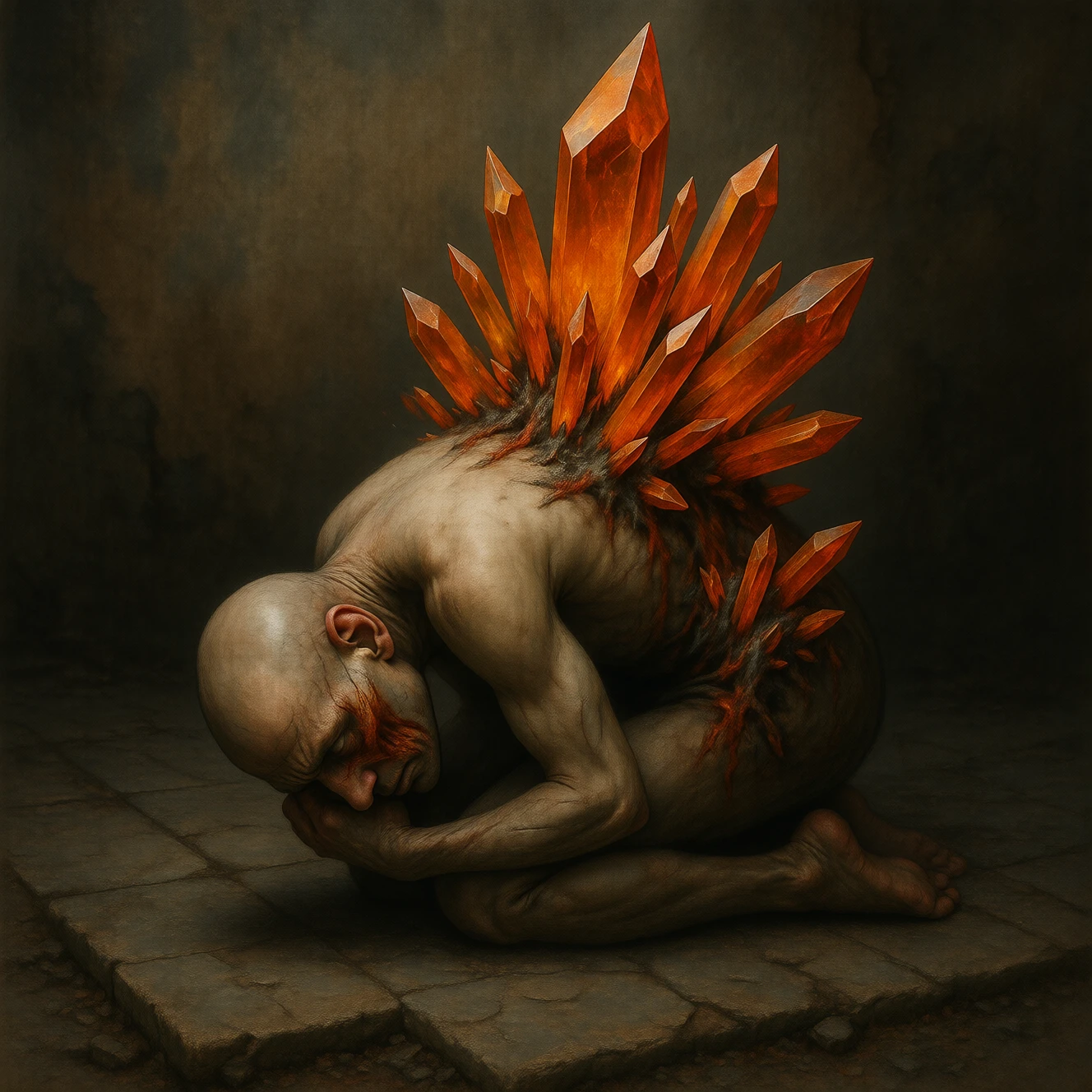 Orange CrystalPl4gu3 erupting from a man's back. He is kneeling on a stone tile floor.