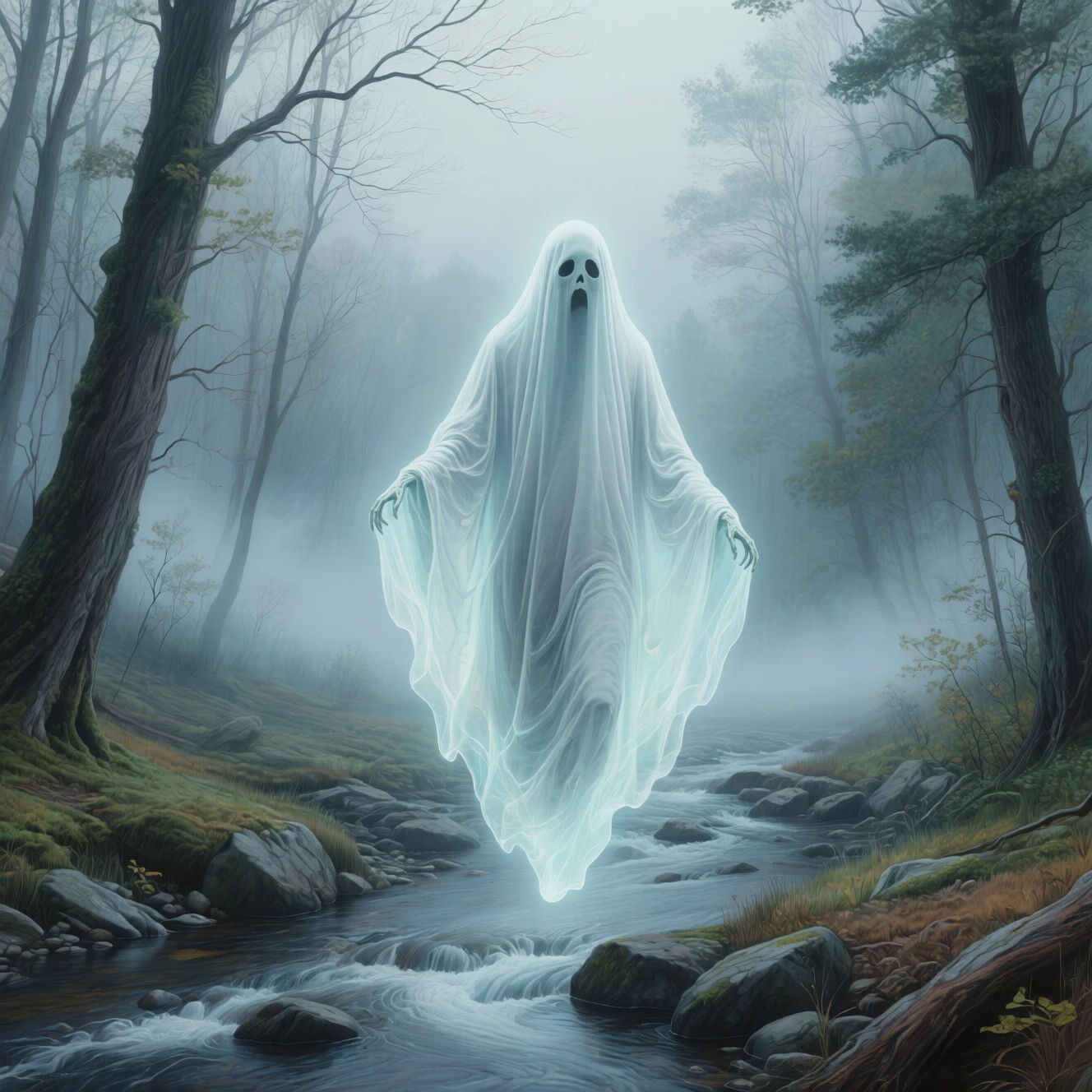 Artistic color drawing.

Closeup of a ghost, diffuse, vague, ethereal, spectral, glowing, transparent. Floating in the air. Pale, ghostly, (gaunt:1.8). A misty forest, over a stream. Facing viewer.

Atmospheric, moody.