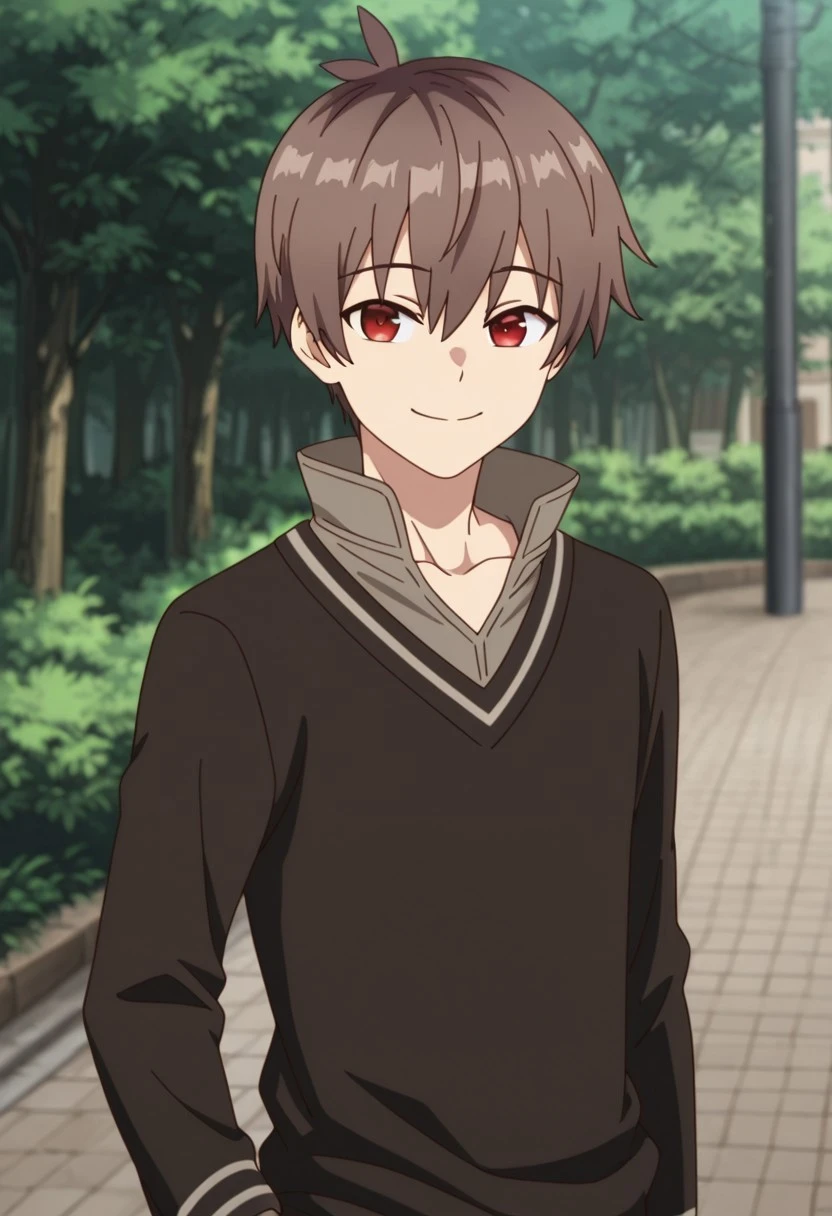 masterpiece,best quality,amazing quality, source_anime,
areprt, 1boy, male focus, solo, red eye, brown hair, collarbone, brown shirt, high collar, brown sweater, long sleeves, smile, upper body, outdoor,