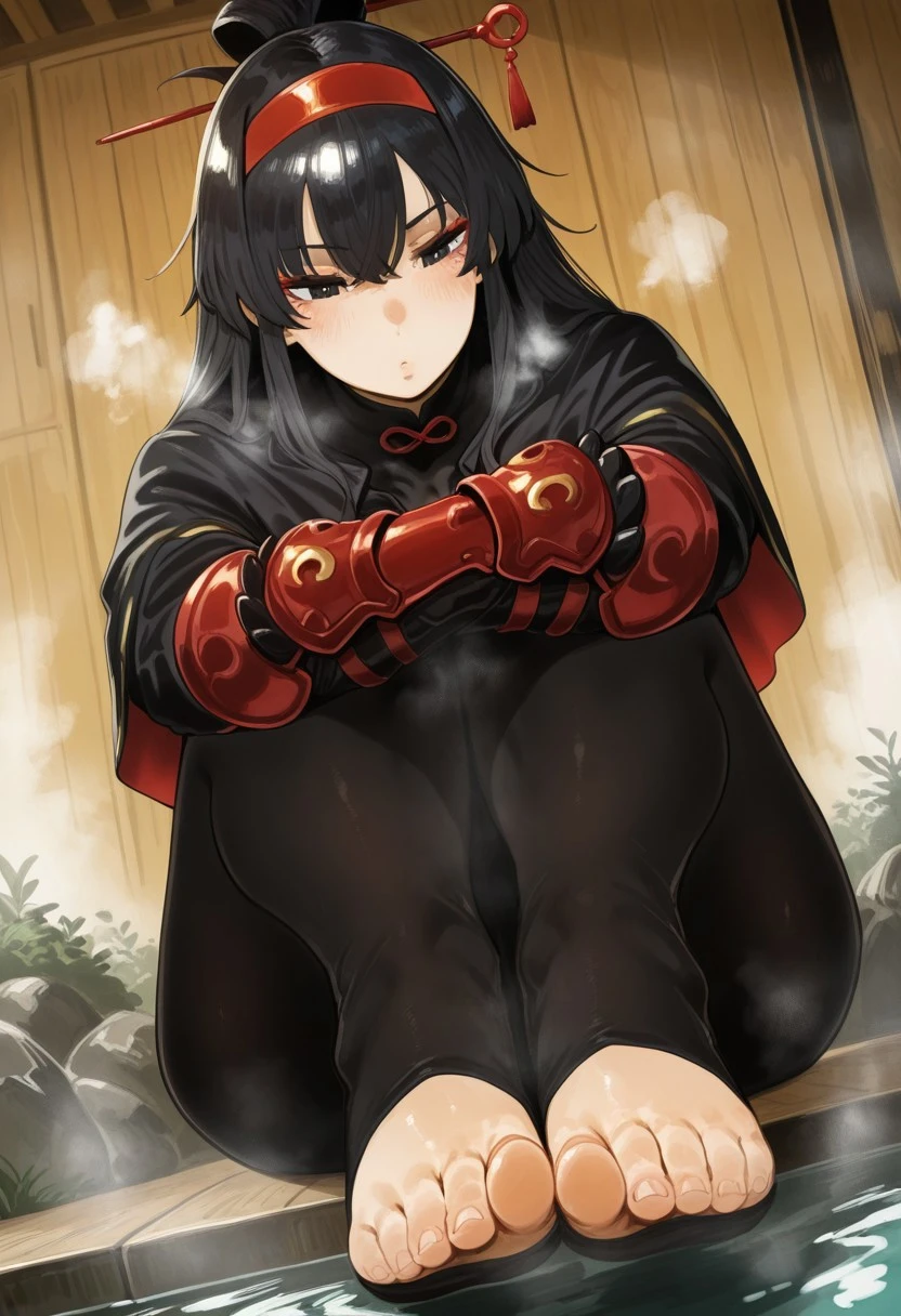 neisanILL, masterpiece, best quality, newest, absurdres, highres, undershirt, black bodysuit, hair stick, hugging knees, gauntlets, eyeshadow, red gloves, two sides up, black capelet, red hairband, black eyes, 1girl, solo, feet, visible breath, dynamic angle, foreshortening, smell, steam, onsen, water, toeless legwear,