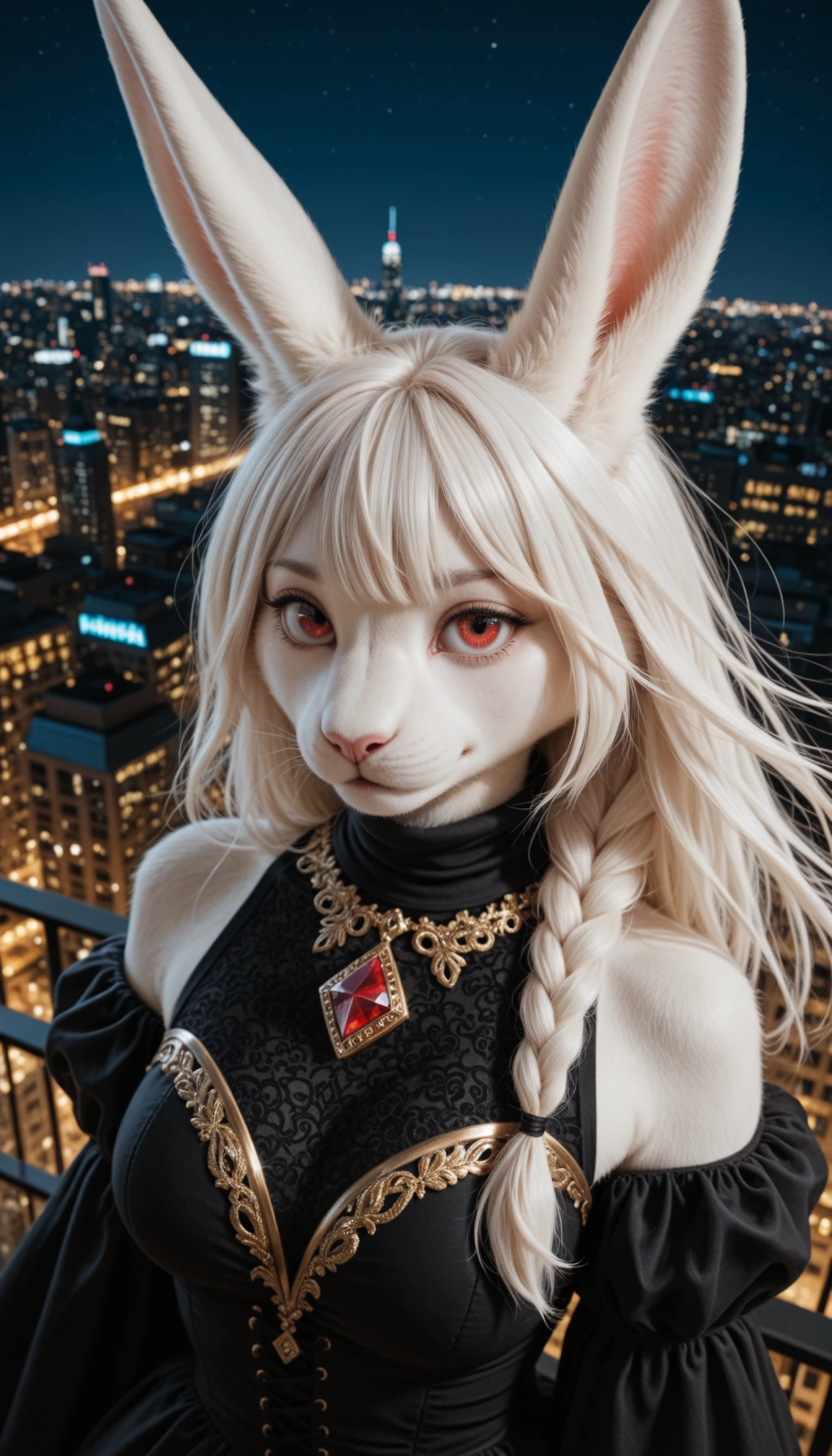 masterpiece, best quality, amazing quality, very aesthetic, 4k, high resolution, ultra-detailed, absurdres, realistic, photo, scenery, 1girl, furry, anthro, solo, rabbit girl, clothed, body fur, white rabbit, white fur, fluffy, long rabbit ears, wavy long white hair, partial bangs, single braid, floating hair, looking at viewer, upturned eyes, cute, head tilt, red eyes, very big eyes, medium breasts, (luxurious gothic:1.2) turtleneck off-shoulder strap black dress, (red gem, gold embedded clothes:1.2), long detached puffy wide sleeves, upper body, portrait, close-up, from above, dutch angle, rim light, night, cityscape, BREAK, detailed background, depth of field, extremely detailed fluffy fur, photorealistic details