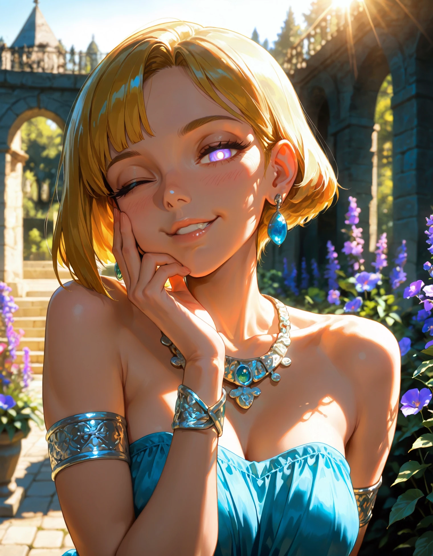 <lora:Ultra Lora Detailer and Glow>,ultra realistic,masterpiece,high detailed skin,best quality,high res,very aesthetic,absurdres,anime style,studio anime,anime,medieval,((sfw)),((1woman, solo female), roman noble, 20 years old, mature, violet eyes, short hair, asymmetrical bob, blonde hair, half-lidded eyes, white pupils, high cheekbones, voluptuous body, busty, toned, a blue gown, silver necklace, collarbones, silver armlets, silver bracelets, earrings, in a roman garden, outdoors, detailed background, finger on her cheek, playful expression, winking, casual pose, resting bitch face, looking at viewer, sunbeams, sunlight reflection, lazy atmosphere, godrays, evening, illuminated features, masterwork, masterpiece, best quality, dark lighting, front view, hip level shot, intricate details, (blurry background, depth of field:1.1), roman aesthetic, dim colors, stunningly artwork,,,