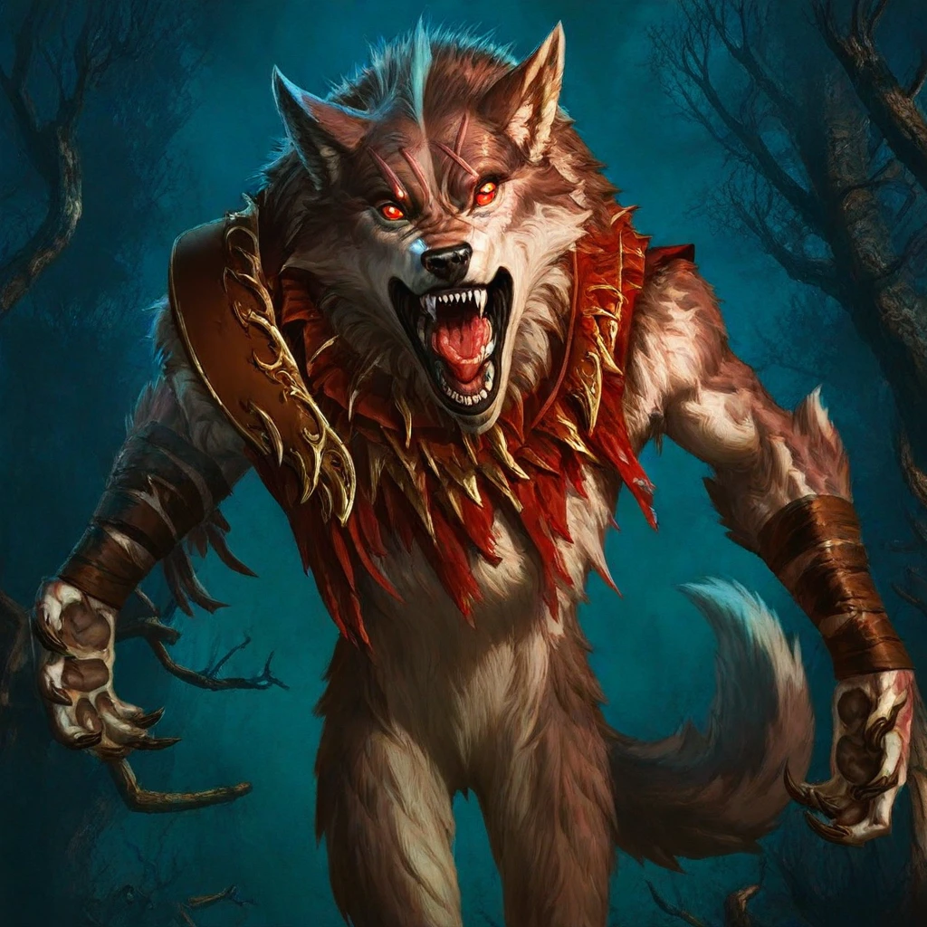 ArlinMTG, sharp teeth, solo, scar, no humans, tail, 1girl, reddish brown fur, leather bracers, werewolf, fangs, tongue, upper body, open mouth, red eyes, tattered clothing, leather pauldron, two-tone fur