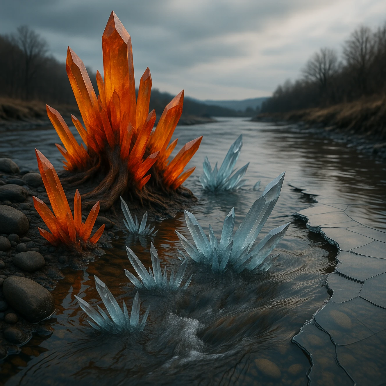 acidic orange CrystalPl4gu3 erupting river frozen mid-flow into translucent crystal, shards rising from surface, sky reflecting in fractured surfaces