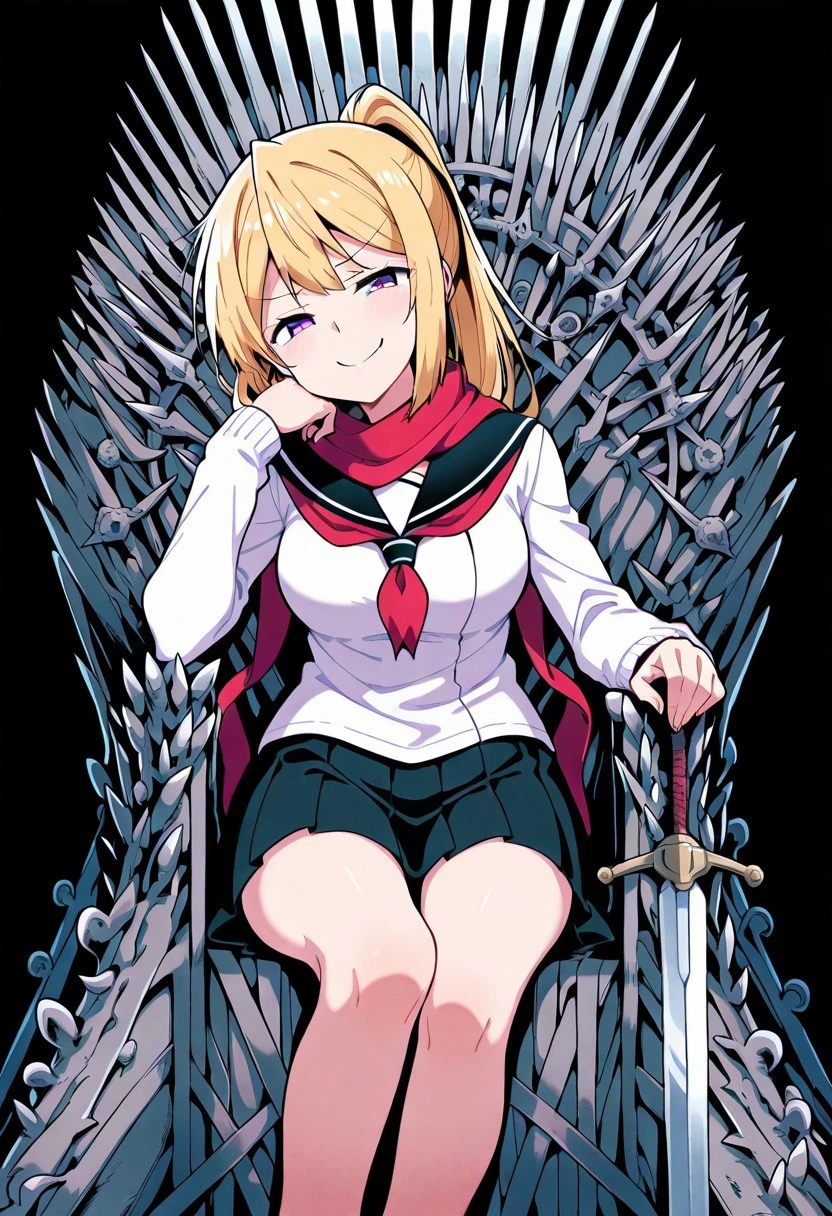Masterpiece, top quality, amazing quality, Score_9, Score_8_up, Score_7_up, core_9, Score_8_up, Score_7_up, 1 mature female, alone, , Alone, Original anime,1 girl, long hair, blonde hair, medium breast, ponytail (purple eyes: 1.1), skirt, pleated skirt, serafuku, black skirt, shirt, white shirt, sailor collar, black sailor collar, long sleeves, scarf, red scarf,
Smug smile,
<lora:iron-throne-illustriousxl-lora-nochekaiser:1>, iron throne, sitting, looking at viewer, sword, throne, sitting on throne, smile, feet out of frame, elbow rest, , ,