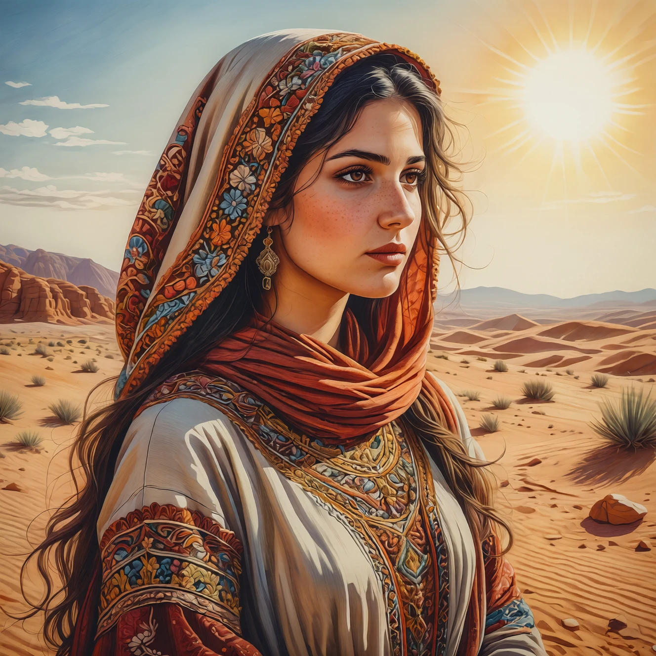 Artistic color drawing.
A beautiful young Turkish woman wearing a richly embroidered hood, standing under the desert sun.
Atmospheric, moody.