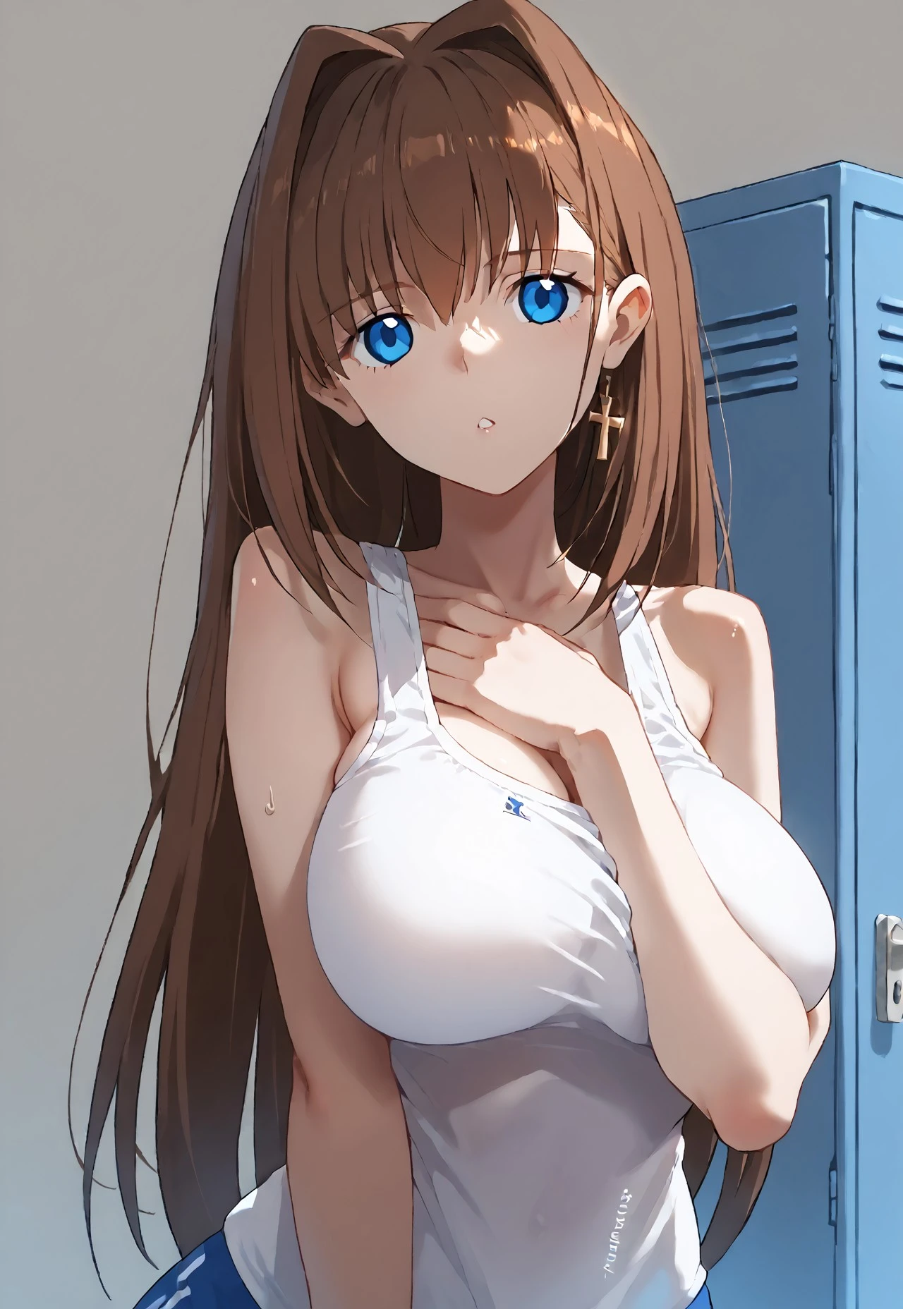 score_9, score_8_up, score_7_up,source_anime,, Expressiveh, zPDXL3, sinfully stylish, dramatic lighting, soft light, long shadows, ultra-detailed, masterpiece, very aesthetic, absurdres, perfect quality, absolutely eye-catching, best quality, intricate details, high-res, 1girl, solo, blue eyes, brown hair, hair intakes, long hair, large breasts, Sisa_Artstyle, <lora:cross-body-stretch-ponyxl-lora-nochekaiser:1> cross-body stretch, stretching, arm across chest, exercising, locker room background