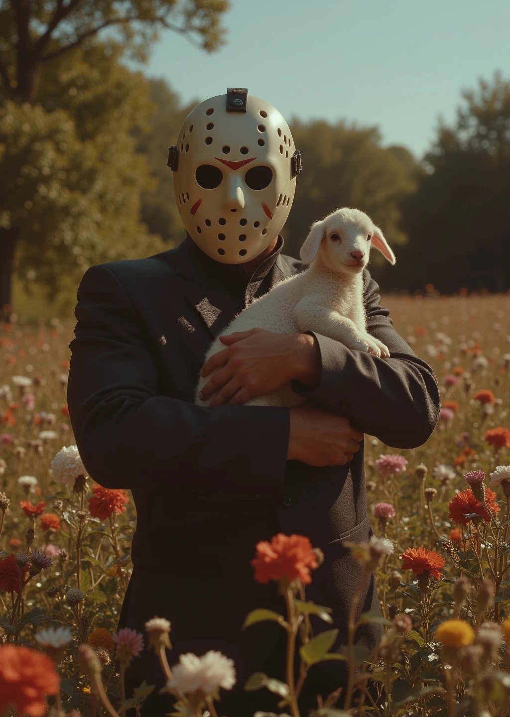 A off set photorealistic depiction of Jason Vorhees in his iconic hockey mask carrying the cutest baby lamb,in a summer surroundings,flowers lovely,sun shines upon them ,shadows and light in symbios,high budget, bokeh, cinemascope, moody, epic, gorgeous, Hyperrealistic 24k uhd