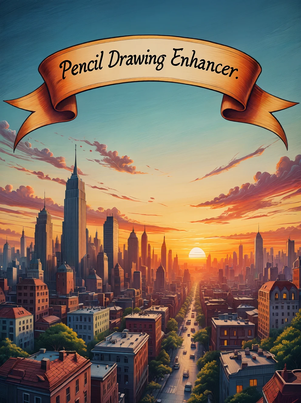 Artistic color drawing.

A curving ribbon banner above the image. Text: "Pencil Drawing Enhancer".

The mysterious city at sunset.