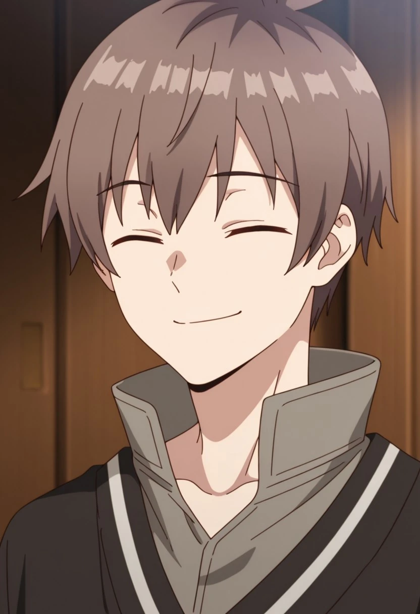 masterpiece,best quality,amazing quality, source_anime,
areprt, 1boy, male focus, solo, closed eye, brown hair, collarbone, brown shirt, high collar, brown sweater, portrait, smile,