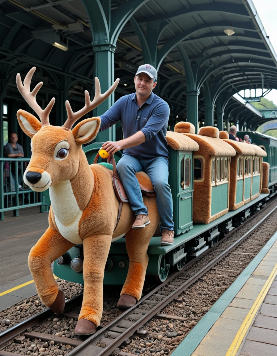 <lora:MIP-Plush_Ride_ill:1> pl1sh, photo of a man riding a giant stuffed toy train, on rails, seaside,, with deer, from side,