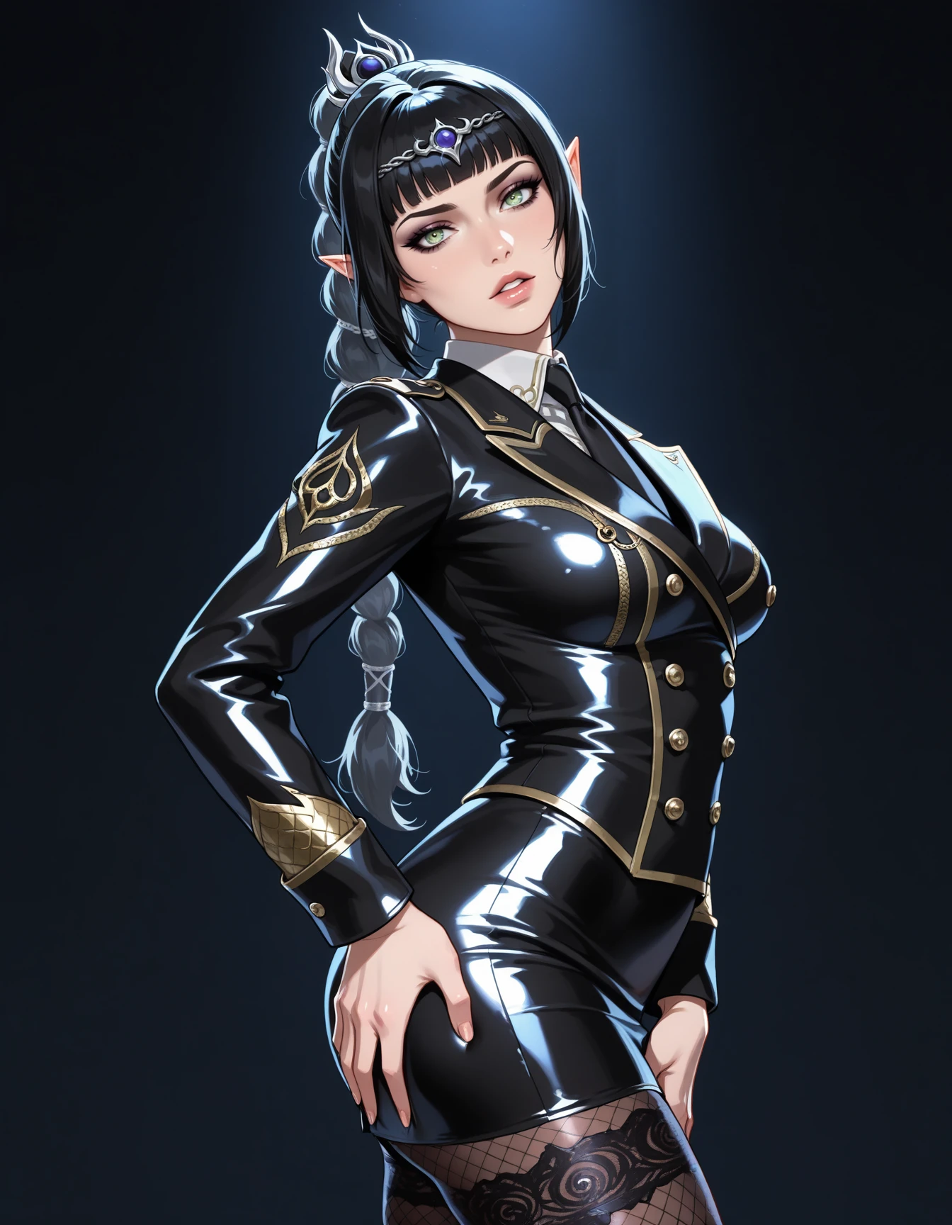 1girl, solo, shadowheart \(baldur's gate\), long braid, black hair, <lora:Outfit_soph-STB-WRNS-Cosplay-ILXL:1> latex, shiny, double-breasted, black military uniform, buttons, white collar, necktie, gold sleeve trim, miniskirt, panty peek, from side, hand on own ass, grabbing own ass, parted lips, head tilt, looking at viewer, embroidered pantyhose, masterpiece, best quality, very aesthetic, newest