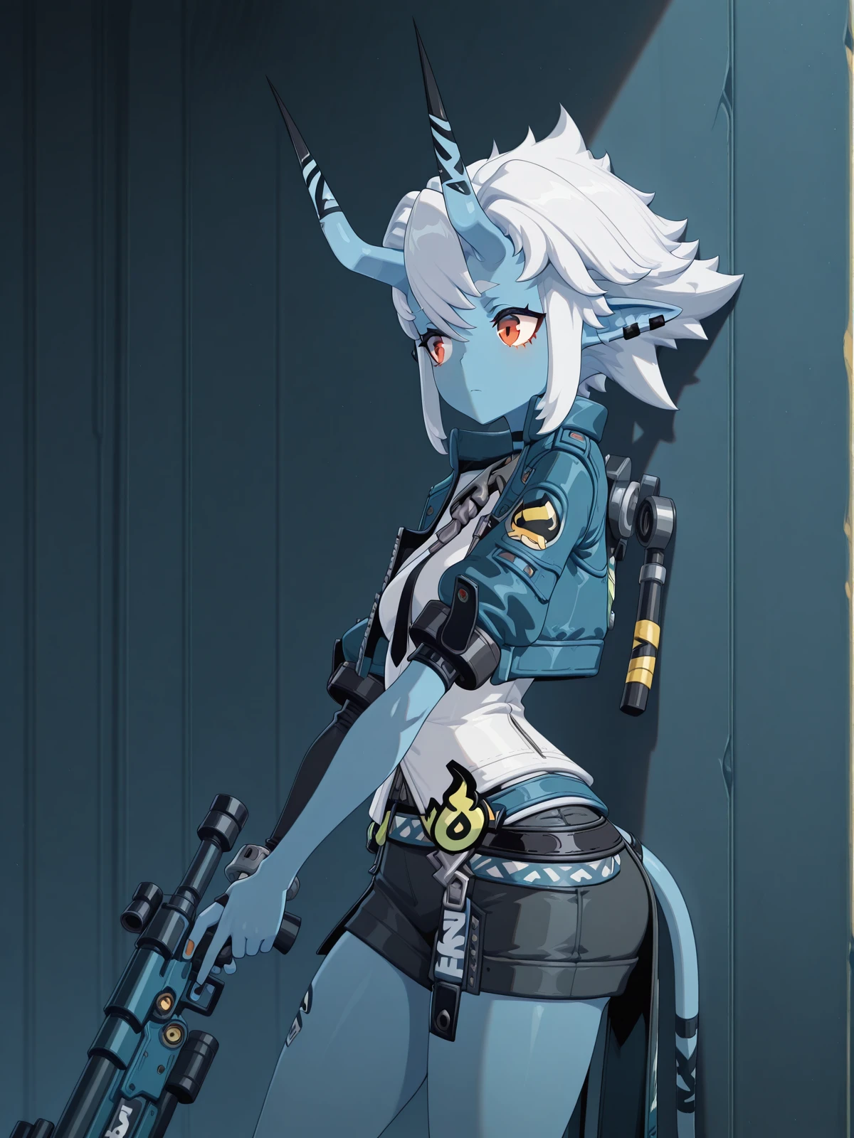 masterpiece, best quality, amazing quality,, <lora:zzz-soukaku-ingame-illustriousxl-lora-nochekaiser:1>, soukaku, soukaku (zenless zone zero), blue skin, colored skin, horns, oni, orange eyes, red eyes, sidelocks, skin-covered horns, white hair, pointy ears, tail, mature female, small breasts, 3d, <lora:holding-gun-against-wall-illustriousxl-lora-nochekaiser:1>, holding gun against wall, solo, holding, closed mouth, standing, holding weapon, gun, holding gun, against wall, looking to the side, wall, cowboy shot,, , ,