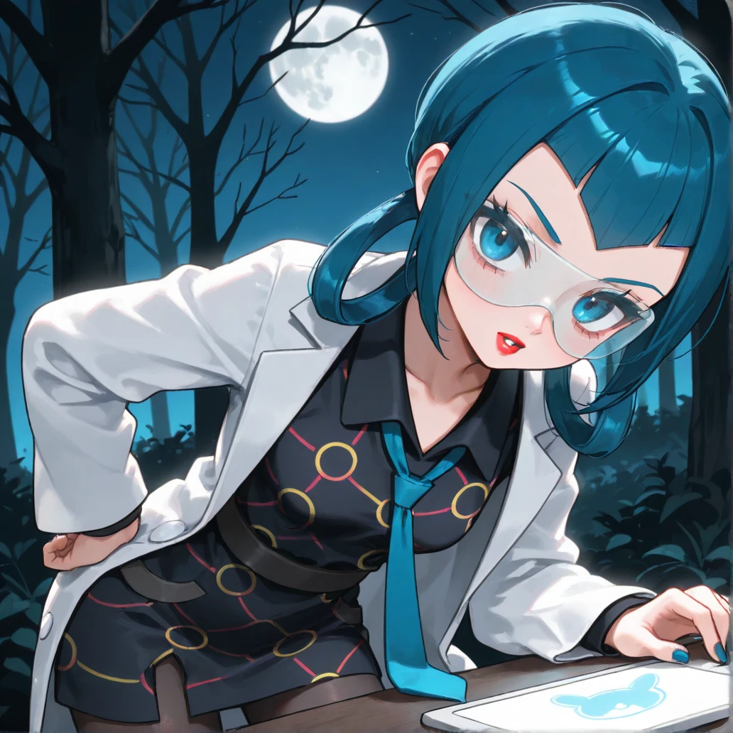 2d, masterpiece, best quality, amazing quality, highres, absurdres, newest, 1girl, solo, standing, leaning forward, upper body, close-up, looking at viewer,  from front, woods, night, moon, bare tree, colorful, zamable, mable \(pokemon\), blue hair, bangs, hair rings, blue eyes, red lips, blue nails, safety glasses, collarbone, collared dress, black dress, blue necktie, labcoat, long sleeves, black pantyhose, black belt, tablet pc, floating tablet pc