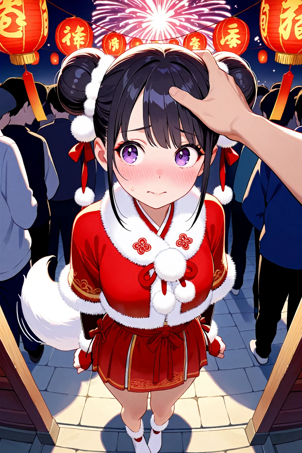 <lora:æ°¸å«æ é´è¡æ¡æ¥æ¡ç¬SDXL:0.7>,1girl,solo,fur trim,full body,white footwear,no_hat,(skirt:1.3),(red skirt:1.3),animal hood,bell,black hair,chinese clothes,capelet,double bun,fingerless gloves,fox tail,white tail,pom pom (clothes),purple eyes,
Chinese ancient New Year night market,red lanterns,(Hanfu crowds:1.3),crowd,vendors,firework sparks,festive couplets,standing,curvy,oval face,makeup,fundoshi,long_eyelashes,cowboy_shot,from_above,foreshortening,flustered,tail_wagging,shy,side head,(looking_to_the_side:1.4),
boy,male perspective,(boy stroking girl's head:1.3),, (masterpiece:1.2),best quality,masterpiece,highres,original,extremely detailed wallpaper,perfect lighting,(extremely detailed CG:1.2),