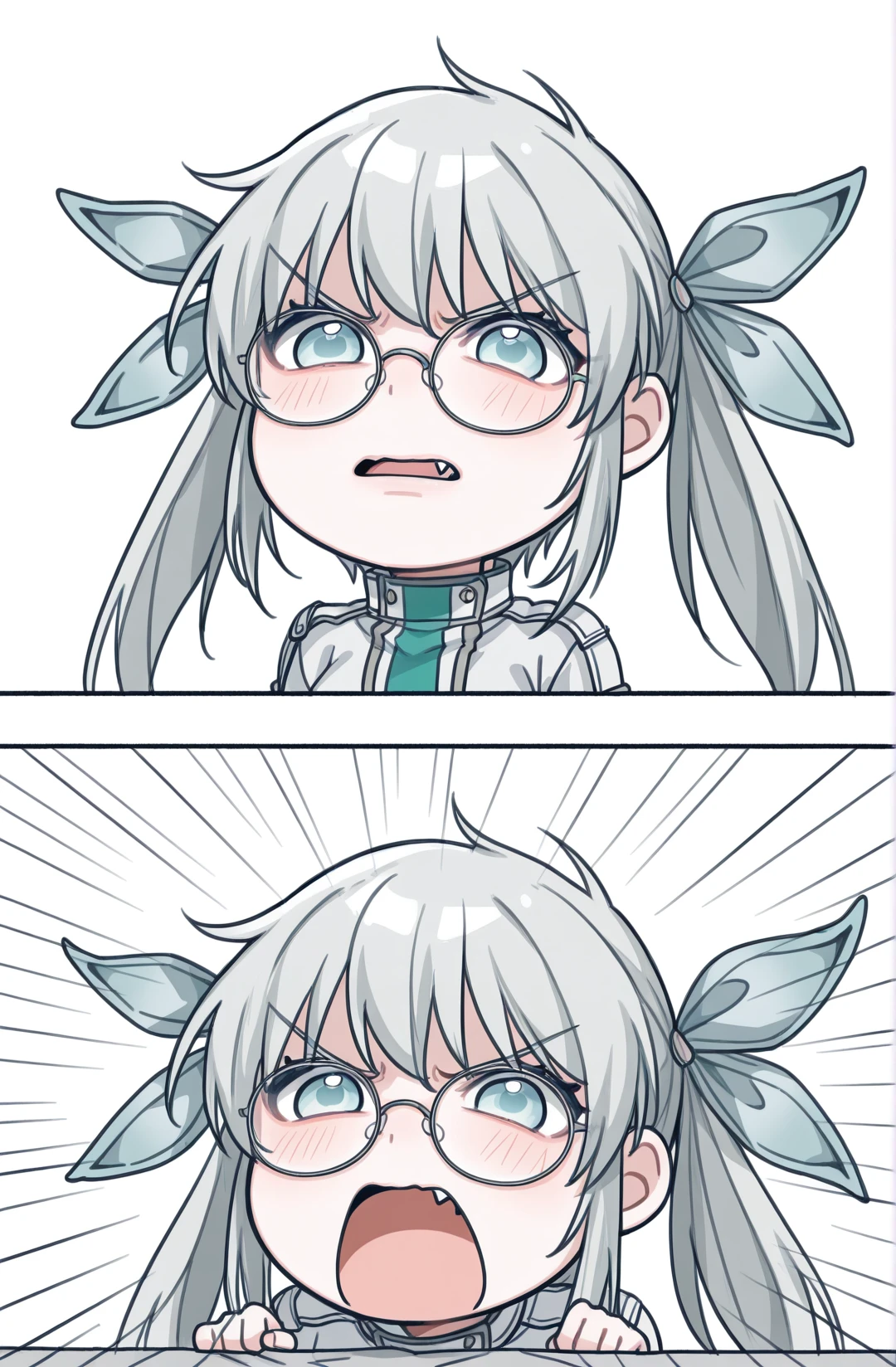 1girl,  <lora:Olmine_Illustrious:1> olmine, glasses, stripped thighhighs, white shorts, ribbons, <lora:Angry_Dog_Noises__Chibi_Meme_Concept__IllustriousXL_and_NoobAI:1>, angrydognoises, emphasis lines, 2koma, comic, chibi, fang, parted lips, open mouth, angry, v-shaped eyebrows, white background,, masterpiece, best quality, newest, absurdres, highres, new