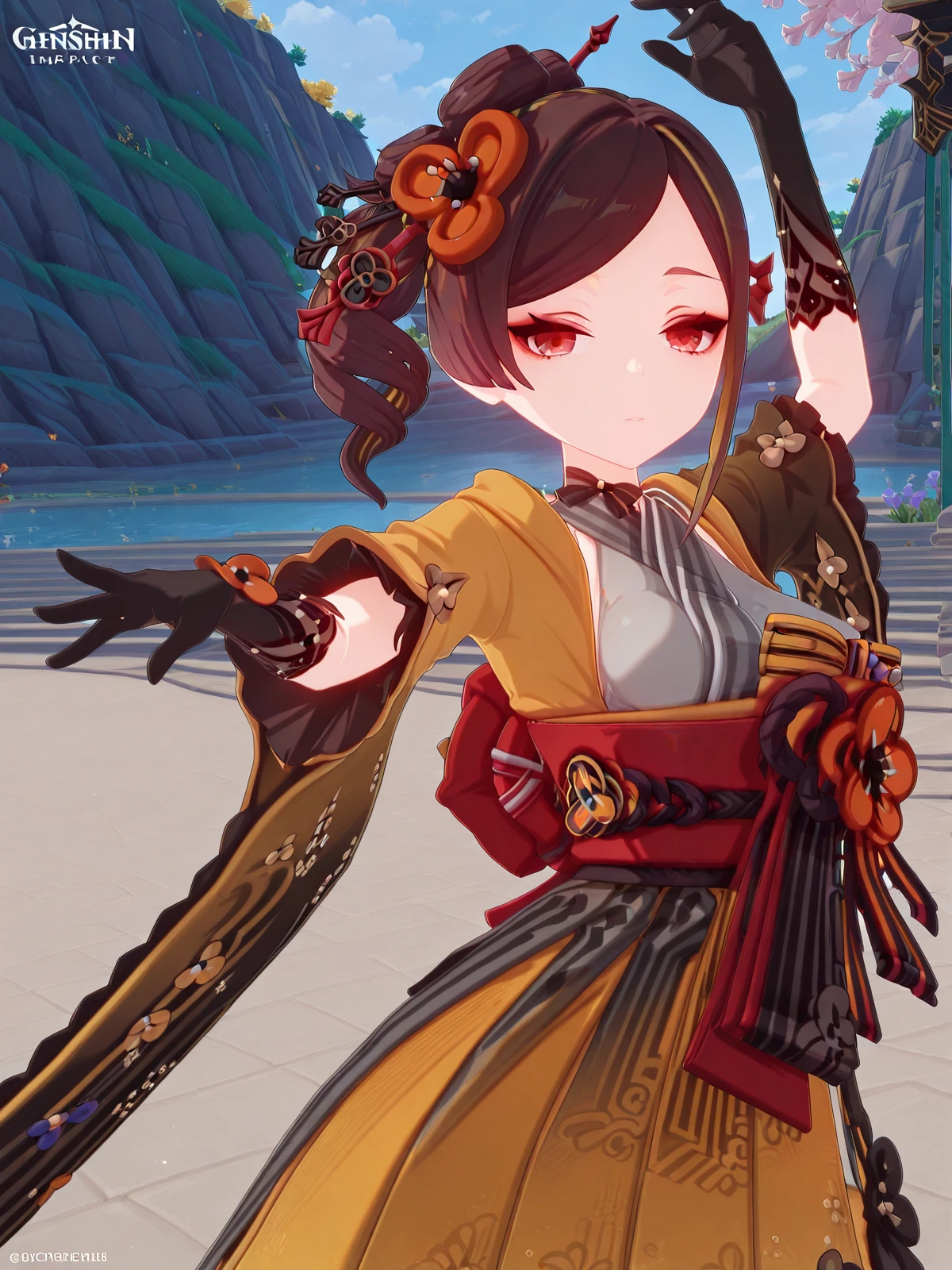 masterpiece, best quality, amazing quality,, <lora:genshin-chiori-ingame-illustriousxl-lora-nochekaiser:1>, chiori, chiori (genshin impact), brown hair, hair ornament, red eyes, flower, hair flower, mature female, medium breasts, 3d,, <lora:elsa-pose-illustriousxl-lora-nochekaiser:1>, elsa pose, solo, looking at viewer, arm up, hand up,, , ,
