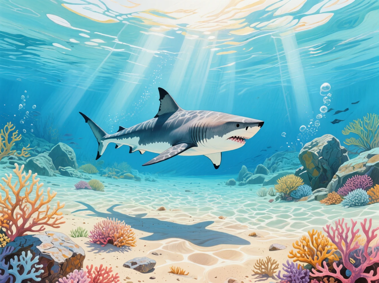 Artistic color drawing.
A shark swimming in the ocean, beneath the water. Dappled sunlight illuminates the sandy ocean floor and colorful coral and rock.