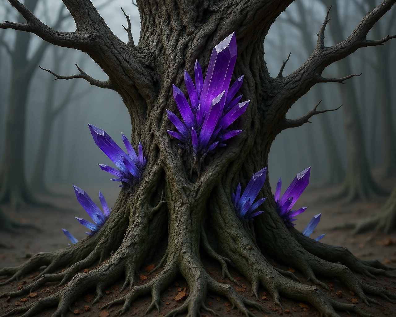 acidic purple, CrystalPl4gu3 erupting, gnarled tree trunk splitting into glowing quartz, roots wrapped in translucent shards, light haze