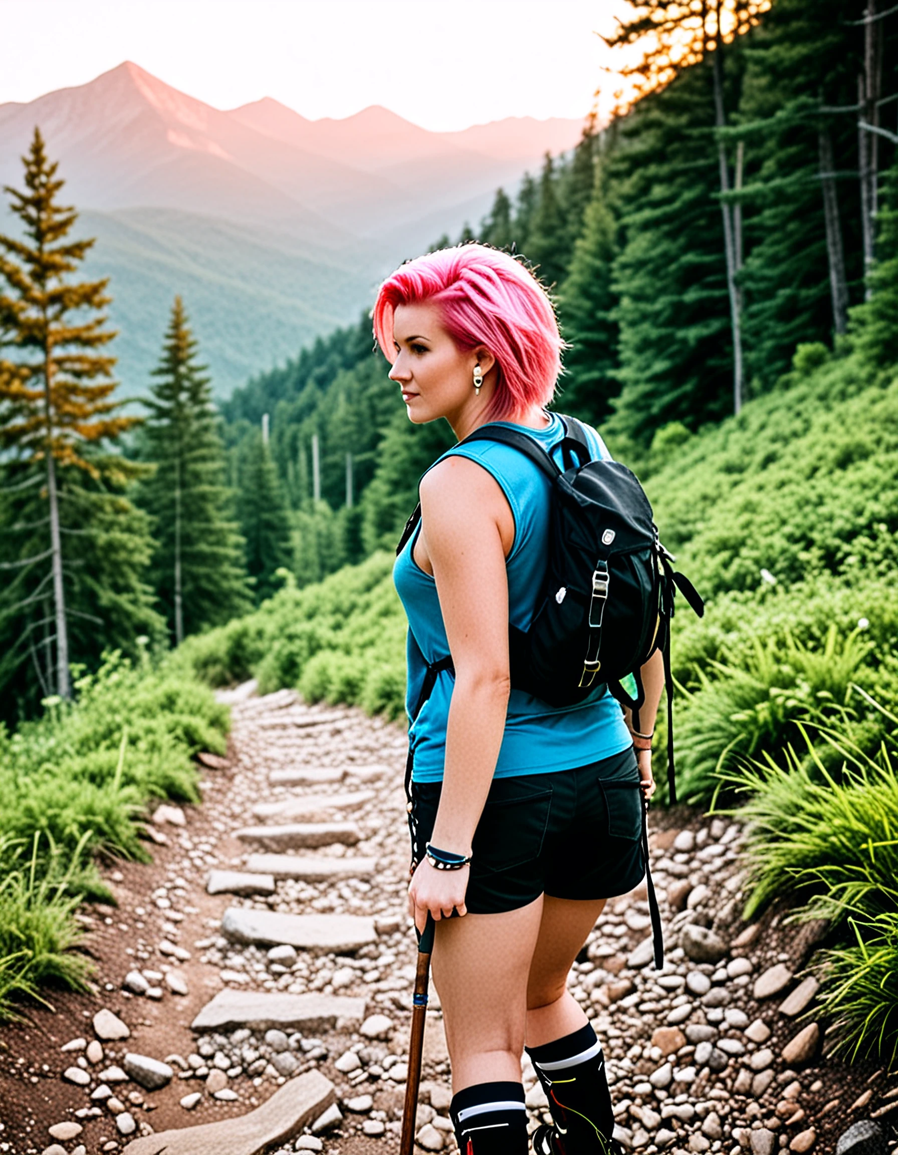 brmadison, undercut haircut, RAW photography,hiking, mountains, woods, cargo shorts, vest, tank top, belt, hiking stick, looking at sunset, pink hair