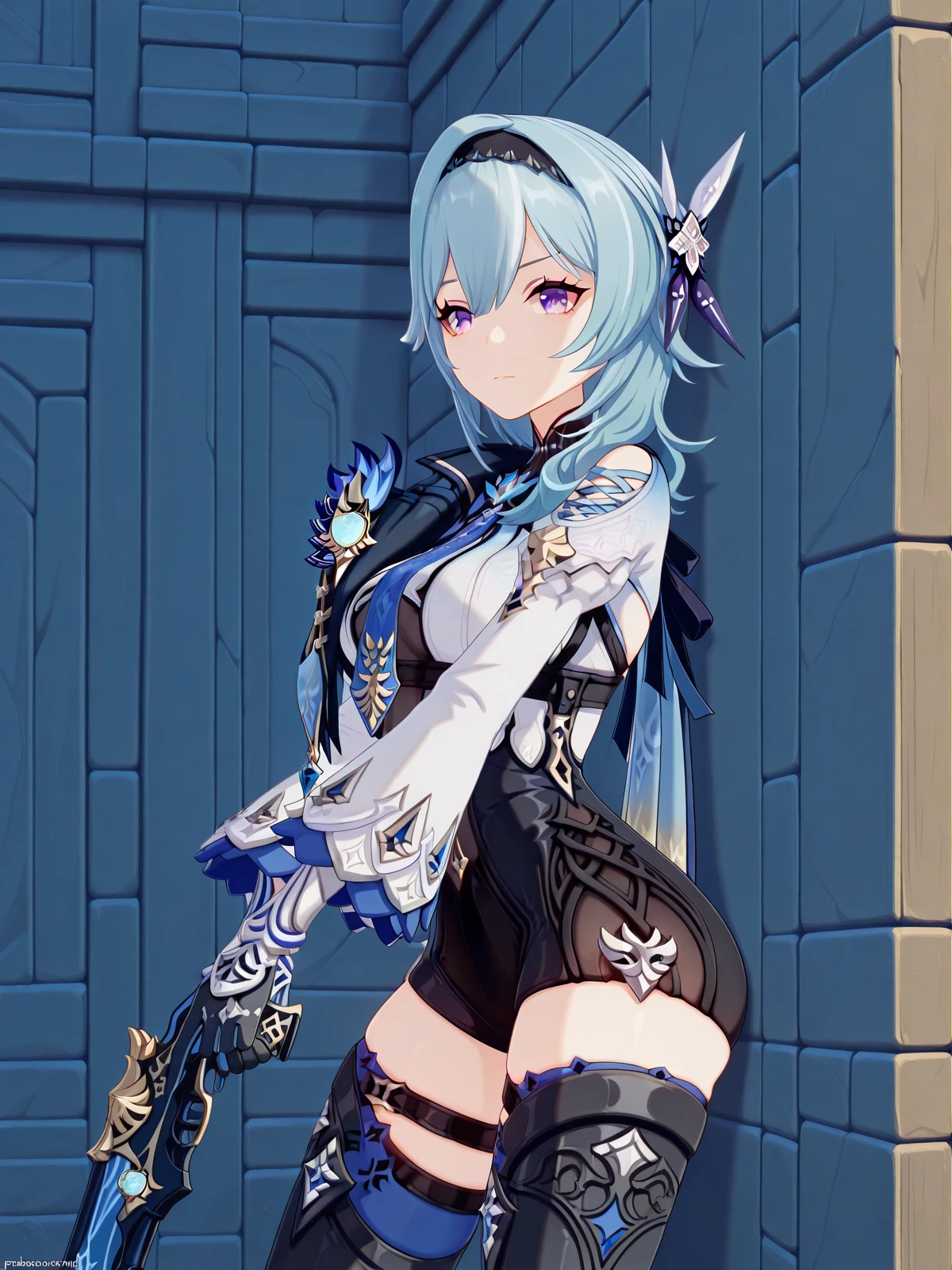 masterpiece, best quality, amazing quality,, <lora:genshin-eula-ingame-illustriousxl-lora-nochekaiser:1>, eula, eula (genshin impact), bangs, hair ornament, hair between eyes, blue hair, purple eyes, sidelocks, hairband, medium hair, black hairband, mature female, breasts, 3d, <lora:holding-gun-against-wall-illustriousxl-lora-nochekaiser:1>, holding gun against wall, solo, holding, closed mouth, standing, holding weapon, gun, holding gun, against wall, looking to the side, wall, cowboy shot,, , ,