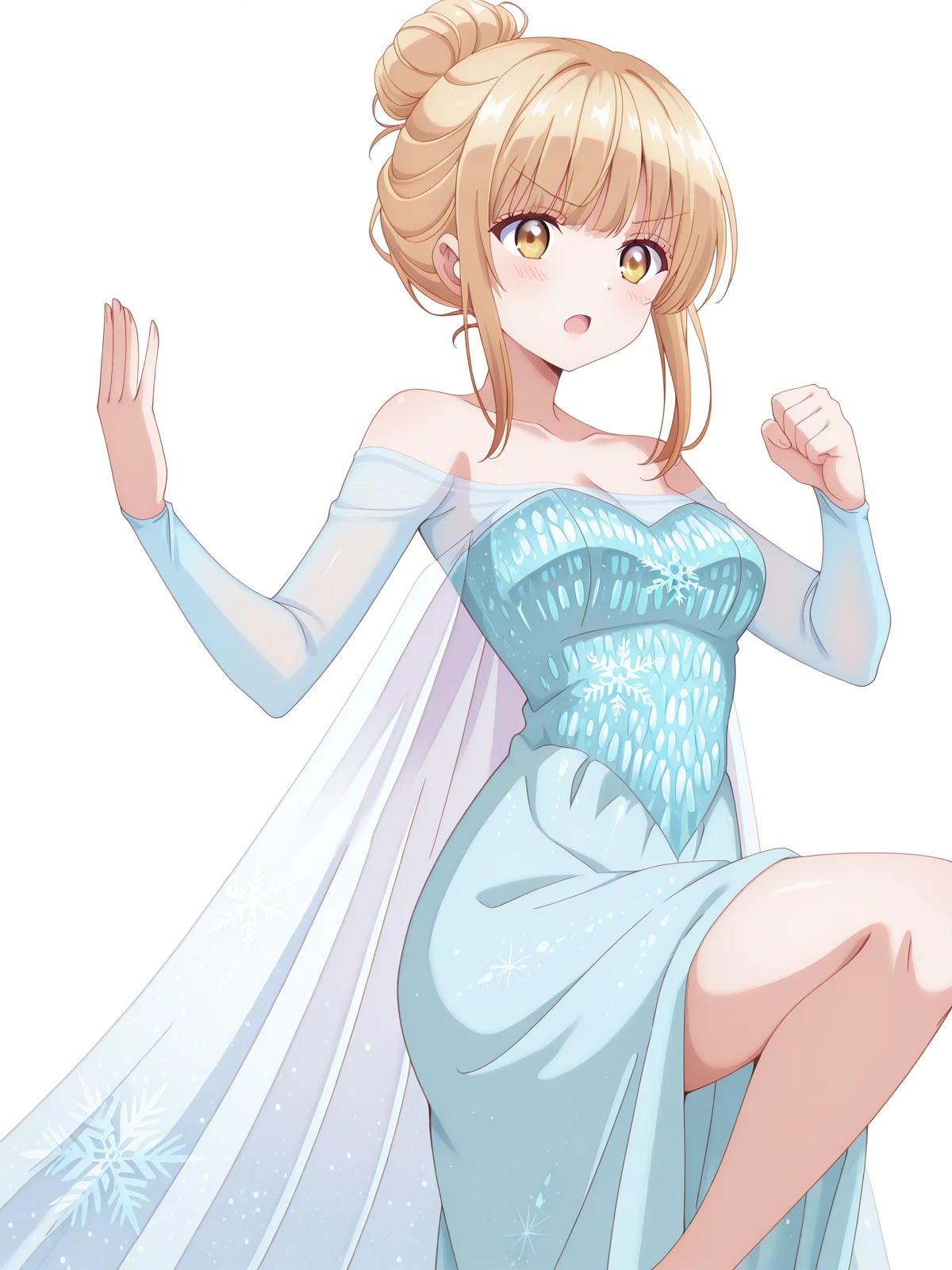 masterpiece, best quality, amazing quality,, <lora:mahiru-shiina-s1-illustriousxl-lora-nochekaiser:1>, mahiru shiina, bangs, blonde hair, brown hair, yellow eyes, hair bun, single hair bun, mature female, medium breasts, anime screencap, <lora:elsa-frozen-cosplay-illustriousxl-lora-nochekaiser:1>, elsa frozen cosplay, elsa (frozen) (cosplay), solo, dress, bare shoulders, off shoulder, blue dress, snowflakes, snowflake print, strapless, strapless dress, cape, <lora:kung-fu-illustriousxl-lora-nochekaiser:1>, kung fu, martial arts, training, fighting stance, cowboy shot, leg up, blush, open mouth, <lora:transparent-background-illustriousxl-lora-nochekaiser:1>, transparent background, simple background, white background, ,