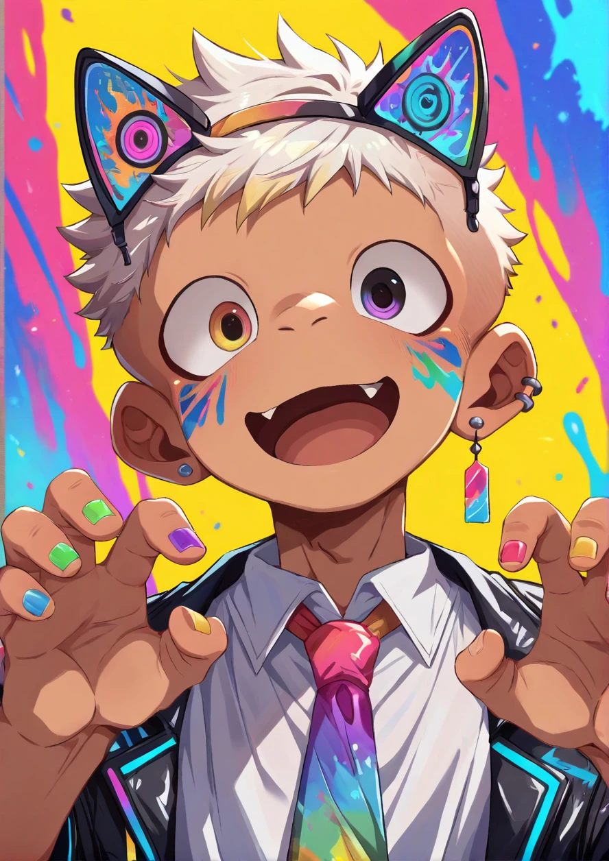 masterpiece,best quality,high quality,highly detailed,intricate,8k,absurdres,1boy,solo,thunder,spark,looking at viewer,deep shadow,colorful,(close up face),open mouth,fang,very short hair,cute smile,cyber shirt,cyber,bottoms,big round eyes,heterochromia,light color eyes,light color hair,tan skin,cyber jacket,colorful colored,cyber tie,cat ear,cyber headwear,paint,face paint,disheveled shirt,colorful background,smork,colorful nail,colorful earrings,(claw pose),from below,<lora:ããããwaryusya_IL6:1.3>