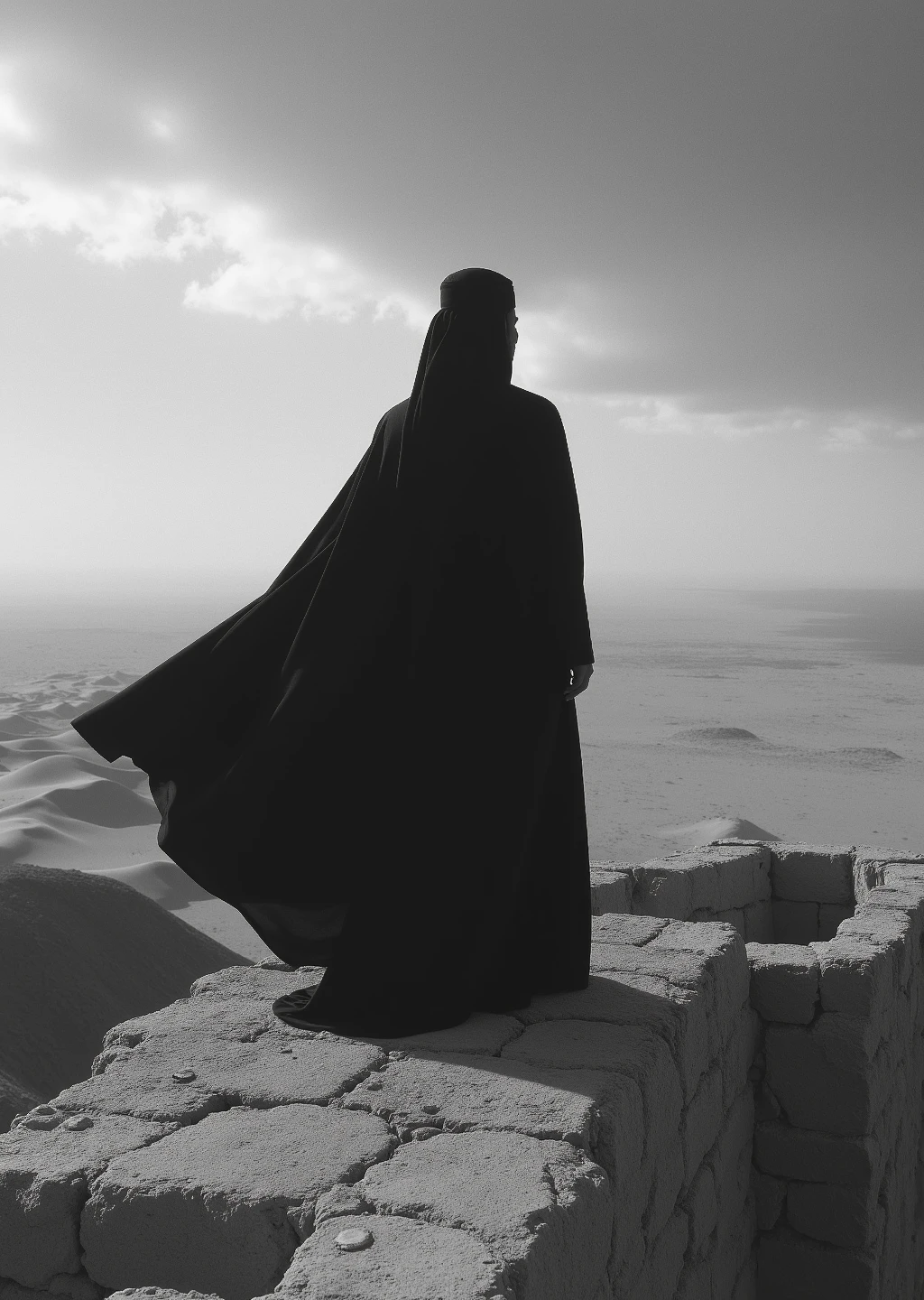 A solitary Islamic murabit standing vigilantly atop a crumbling desert fortress, fully veiled, wearing a flowing black abaya and a large black turban, gazing over the dunes in solemn silence, the wind lifts his garments as a storm gathers in the horizon, ancient stone walls beneath him, high contrast black and white, grainy raw film aesthetic, mystical light, cinematic shadows, atmosphere of abandonment and sacred solitude, evokes the forgotten guardian