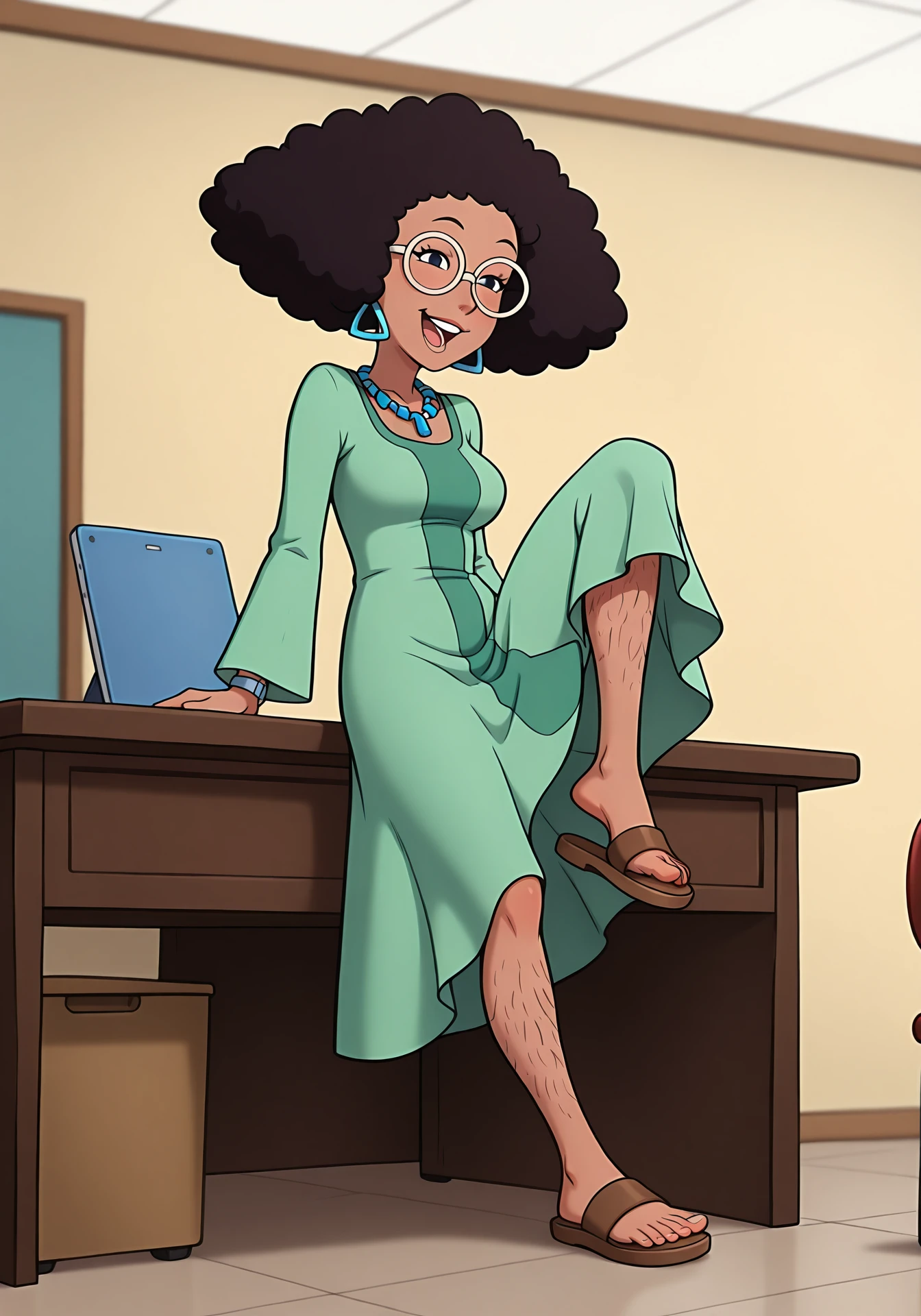 absurdres, 8k, high resolution, masterpiece, best quality, absolutely fantastic art, amazing quality, very aesthetic, <lora:msgrotke:.8>, msgrotke, 1girl, solo, smile, open mouth, black hair, dress,  jewelry, full body, glasses, barefoot, dark skin, necklace, dark-skinned female, sandals, desk,  green dress,  afro, showing leg, hairy legs, bare feet, foot focus