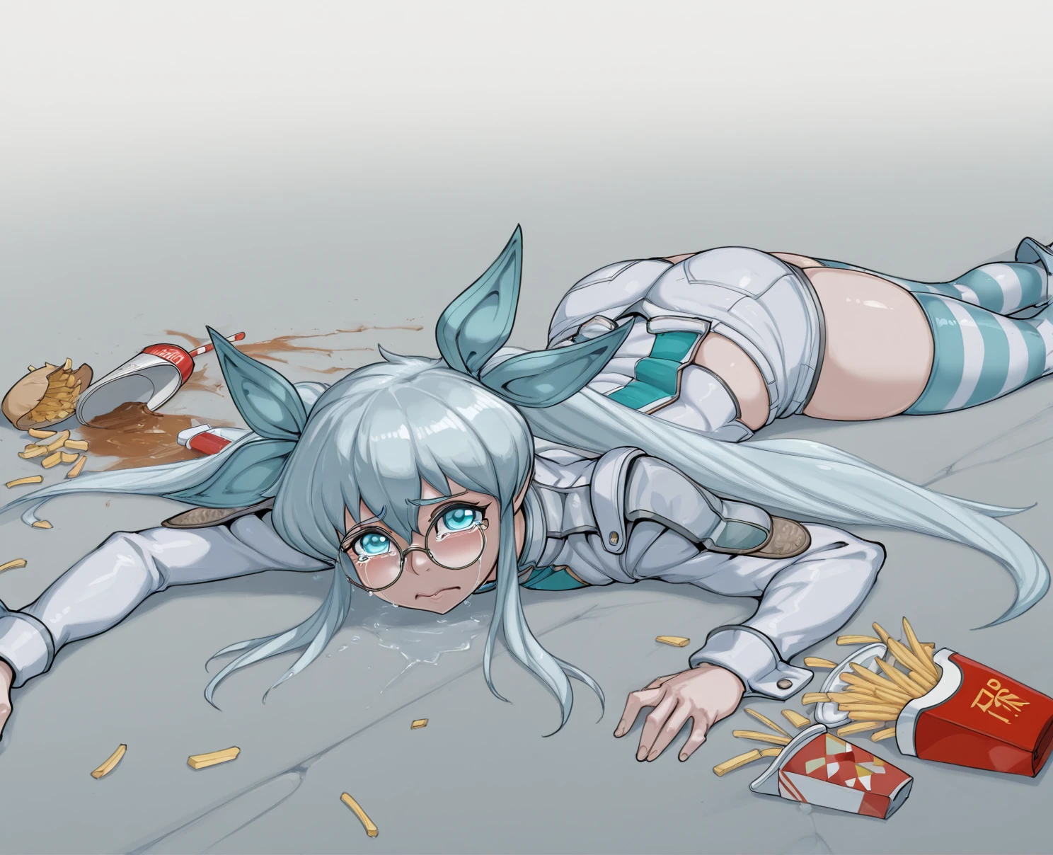 1girl,  <lora:Olmine_Illustrious:1> olmine, stripped thighhighs, white shorts, ribbons, glasses <lora:apu_spills_his_tendies_meme:0.8>, apuspills, tears, lying, on stomach, french fries, spill, fallen down, crying, looking at viewer,  <lora:Pochincoff_Illustrious:1> pochincoffstyle, masterpiece, best quality, newest, absurdres, highres, new