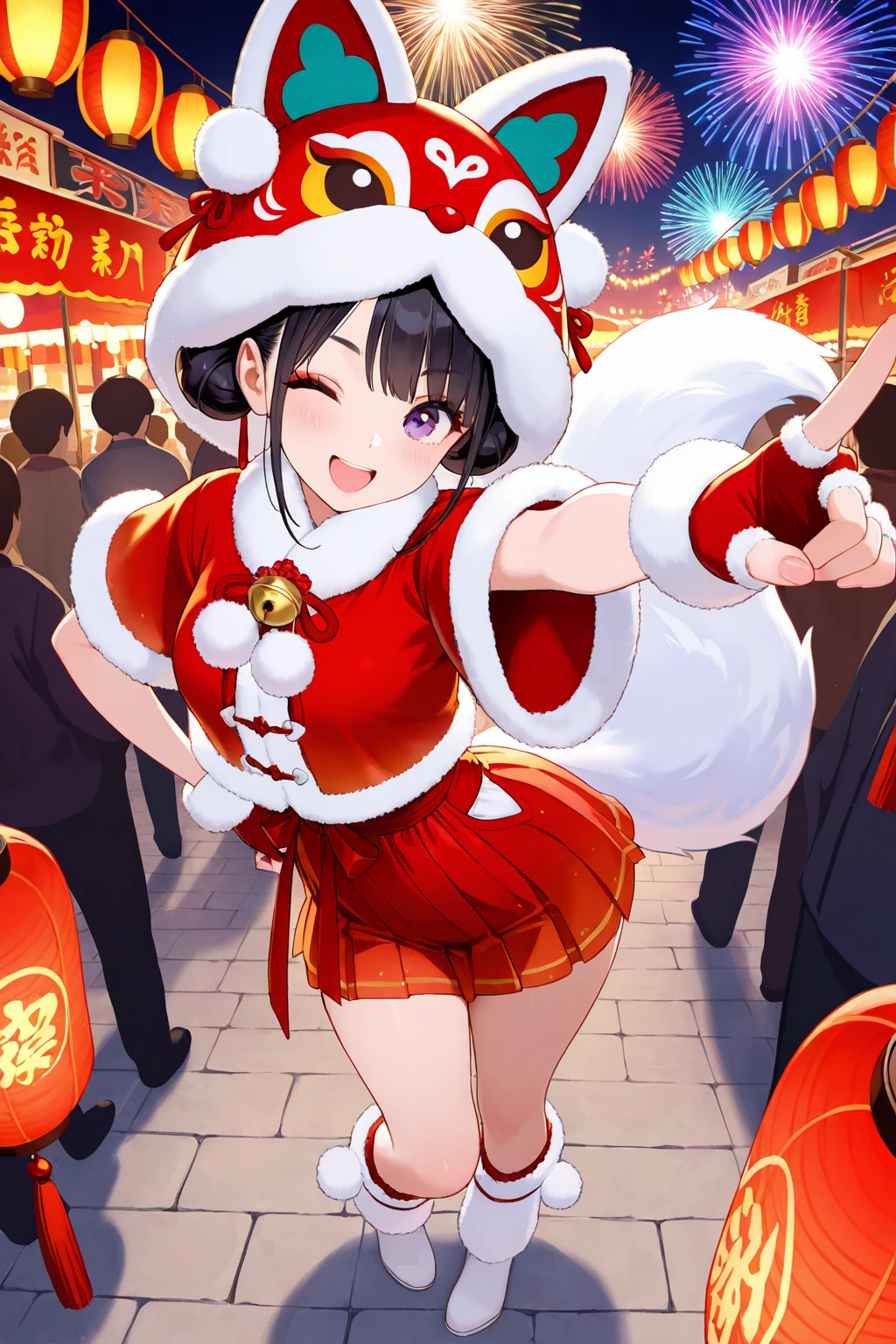<lora:æ°¸å«æ é´è¡æ¡æ¥æ¡ç¬SDXL:0.7>,1girl,solo,fur trim,full body,white footwear,red hat,(skirt:1.3),hat,(red skirt:1.3),animal hood,bell,black hair,chinese clothes,capelet,double bun,fingerless gloves,fox tail,white tail,pom pom (clothes),
Chinese ancient New Year night market,red lanterns,(Hanfu crowds:1.3),crowd,vendors,firework sparks,festive couplets,standing,;d,curvy,oval face,makeup,fundoshi,long_eyelashes,cowboy_shot,from_above,foreshortening,looking_up,, (masterpiece:1.2),best quality,masterpiece,highres,original,extremely detailed wallpaper,perfect lighting,(extremely detailed CG:1.2),
