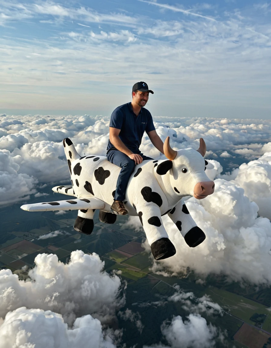 <lora:MIP-Plush_Ride_ill:1> pl1sh, photo of a man riding a giant stuffed toy plane, above clouds, with cow, from side,