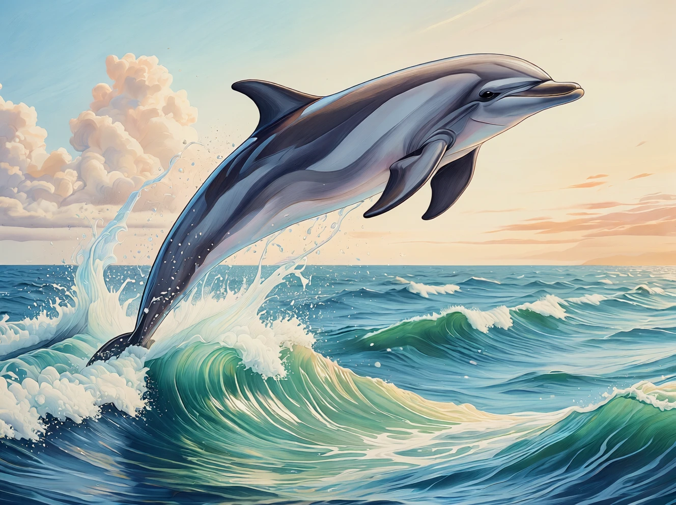 Artistic color drawing.

A dolphin leaping from the ocean waves.