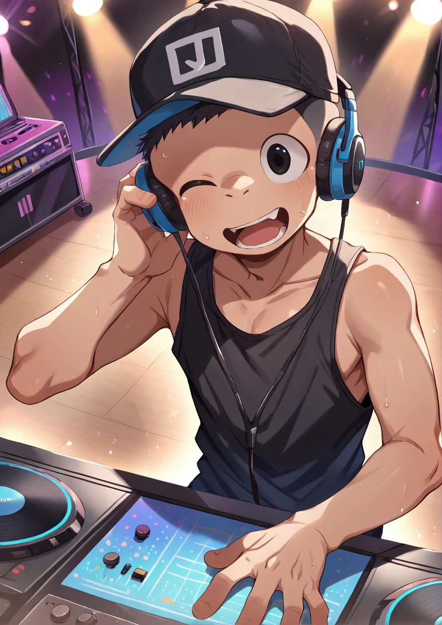 masterpiece,best quality,high quality,highly detailed,intricate,8k,absurdres,1boy,solo,black hair,very short hair,dance hall,music room,lighting,dj,headphone,headwear,black baseball cap,singing,sweat,black tanktop,wink,happy,open mouth,<lora:ããããwaryusya_IL6:1.3>