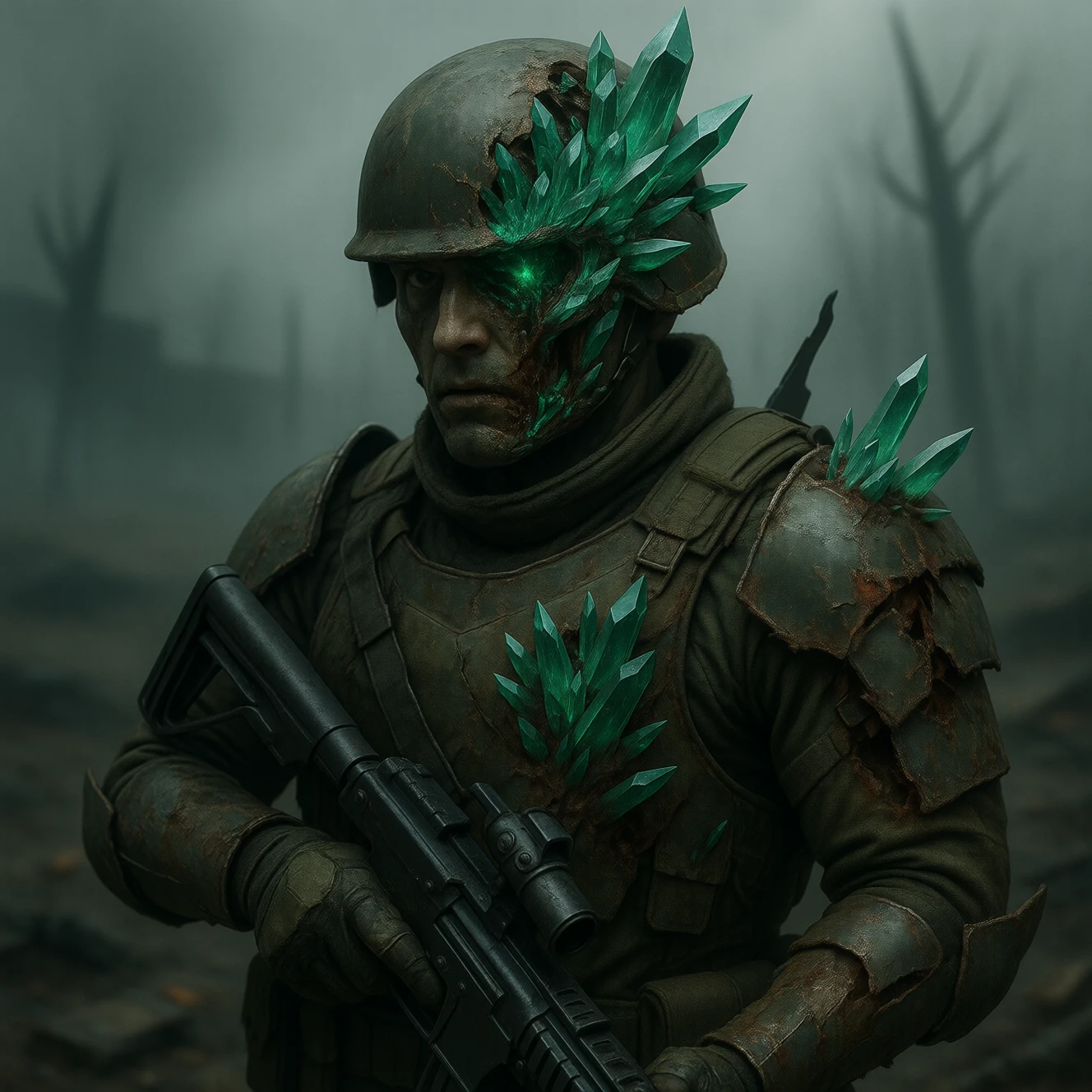 muted green CrystalPl4gu3 erupting soldier in broken armor consumed by crystalline rot, helmet split by glowing crystalline quartz, eerie battlefield fog