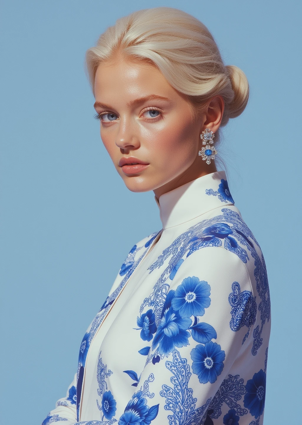 A portrait depicting a young woman whose attire and setting are inspired by the classic blue and white porcelain. Half-body, wearing an elegant, custom-designed modern gown or Hanfu-inspired dress made from silk printed with intricate Qinghua Ci (blue and white porcelain) motifs – phoenixes, dragons, or floral scrolls. Her hair is styled in a sleek, contemporary updo that complements the classic patterns, perhaps with a single porcelain-bead hairpin. Bright, soft, even lighting. Crisp cobalt blue and pure white. Her eyes are clear, her posture elegant, and the intricate blue patterns on her unique, culturally inspired dress are central.mirko,miruko,tanned skin,abs,bunny ears,bunny tail,blonde hair,