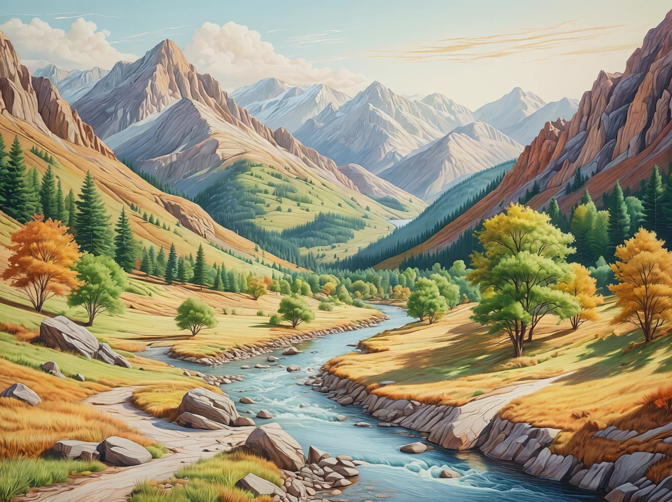 Artistic color drawing.
A mountain range, a river winding through a lightly treed valley.