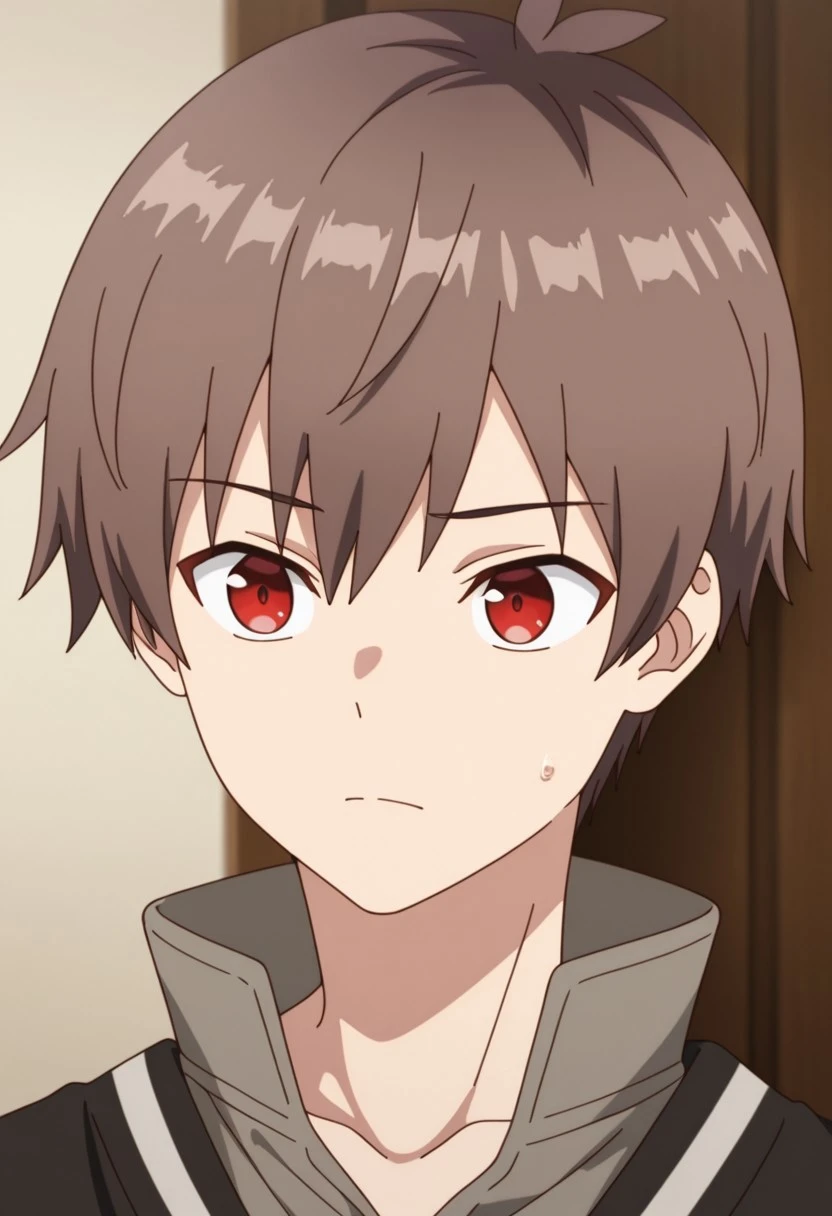 masterpiece,best quality,amazing quality, source_anime,
areprt, 1boy, male focus, solo, red eye, brown hair, collarbone, brown shirt, high collar, brown sweater, portrait,