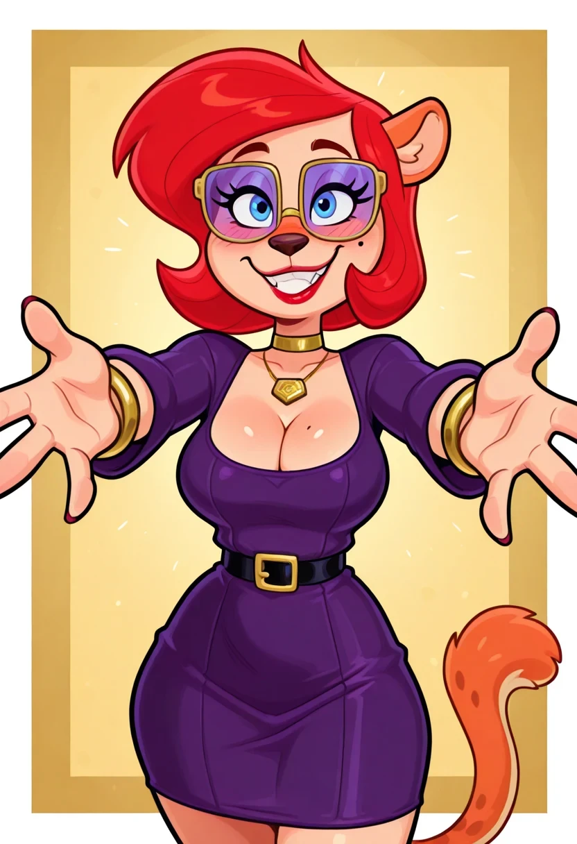 amazing quality, highres, masterpiece, best quality, 1girl, solo, 2D, flat, 

CountingCougar, Slender physique, shapely figure, Anthropomorphic cougar, feline, black snout, prominent nose, Voluminous red auburn shoulder-length bob hair, Blue eyes, rectangular purple-tinted glasses, mole, beauty mark, prominent eyelashes, wide smile, red lips, gold choker necklace, short Form-fitting long-sleeved purple belted dress, tail, cleavage, gold bracelets, black belt with gold square buckle, smile, pointy teeth,

incoming hug, looking at viewer, reaching, reacing towards viewer, outstretched arms, smile, blush, cowboy shot,