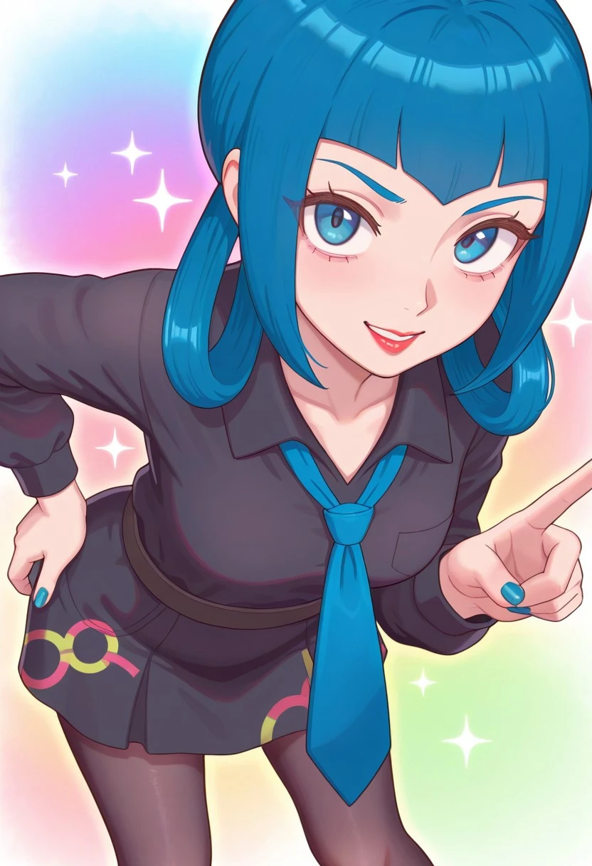 [[hinosaki, leveen]], 2d, masterpiece, best quality, amazing quality, 1girl, solo, close-up, standing, smile, upper body, leaning_forward, looking at viewer, multicolored background, sparkle, rainbow background, colorful background, masterpiece, best quality, amazing quality, highres, absurdres, newest, zamable, mable \(pokemon\), blue hair, bangs, hair rings, blue eyes, red lips, blue nails, collarbone, collared dress, black dress, blue necktie, long sleeves, black pantyhose, black belt