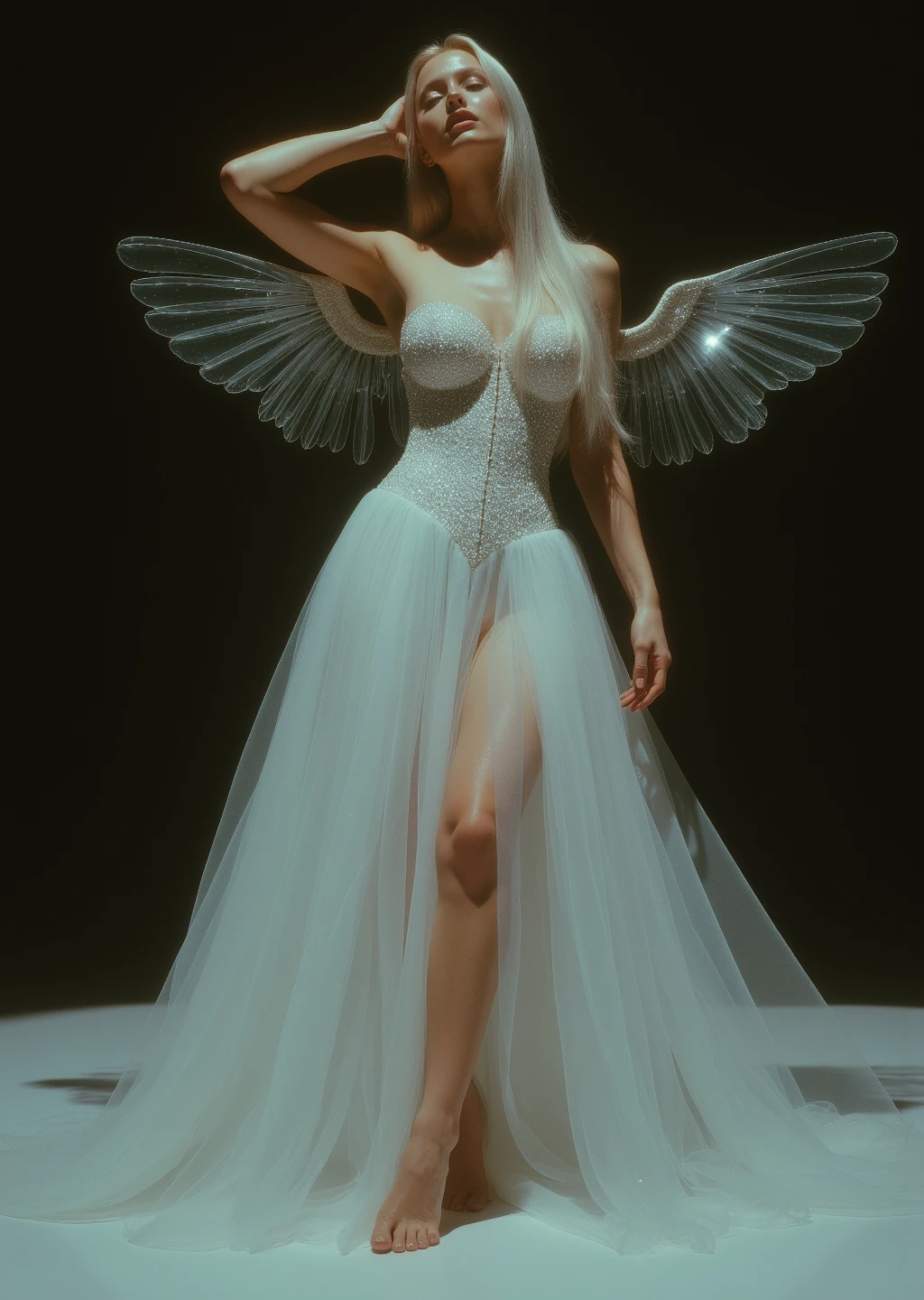 A close-up, full-body portrait of a young, fit, slim European woman. She is barefoot. She has very long, silver, straight hair. Pale skin.
She wears a white bridal gown with a fitted corset bodice and a dramatic, full tulle skirt. Angle wings.
Her expression and pose emphasize the fragility of her form and the quiet power of restraint, in an expression of haunting serenityâpart pain, part rapture. Her legs are crossed.
standing, arm raised, facing camera,. She wears . In the Stargazer's Refuge beneath the Veil of Storms. .The side lighting is harsh and sculptural, casting dramatic shadows that trace the contours of her body.
Blurry environment and background.
Strong depth of the field effect.
The scene evokes a visceral sense of surrender, intimacy, and psychological exposureâsensual, surreal, and unmistakably gothic.