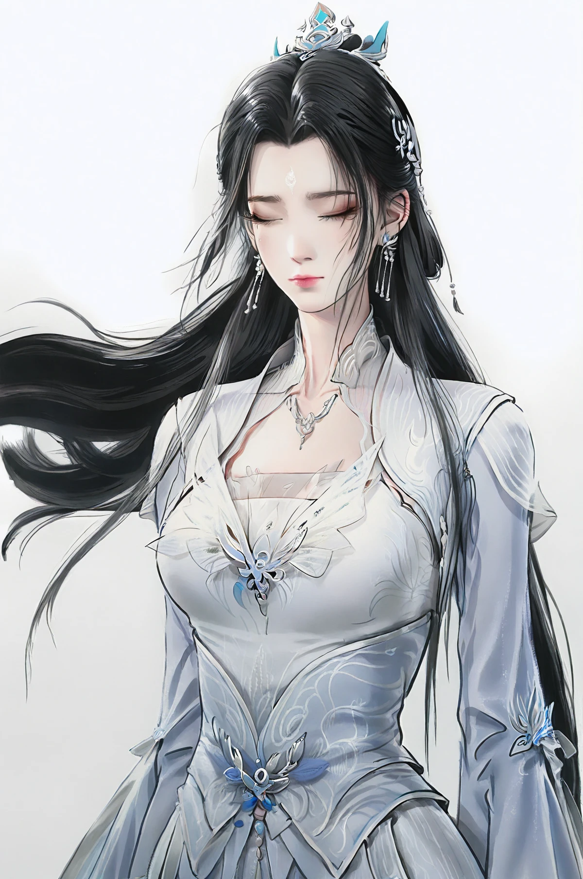 <lora:LuXueqi1llust:0.8>,
Lu Xueqi,(Zhu Xian),elegant female cultivator,1girl,jewelry,closed eyes,earrings,hair ornament,black hair,solo,long hair,forehead mark,facial mark,simple background,closed mouth,dress,upper body,necklace,hair bun,eyelashes,gradient_background,depth_of_field,(sketches:1.4),2d,animation,<lora:HScoloredinkIlls:0.6>,hs ink,ink art,ink sketch,colored ink wash painting,ink wash style,<lora:LineDrawingWithTint1llustFull:0.4>,handdrawnlineart,sketchylineart,lightlycoloredstyle,sketch,simple background,from_side,