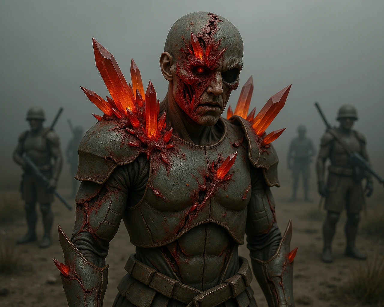 acidic red, CrystalPl4gu3 erupting, soldier in broken armor consumed by crystalline rot, helmet split by glowing quartz, eerie battlefield fog