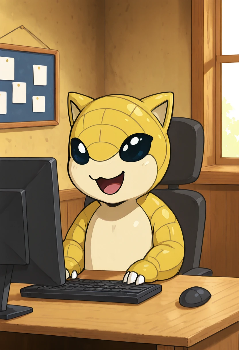 masterpiece, best quality, solo, zzSandshrew, , <lora:SandshrewPokedex_IXL:1.0>, ,smile, open mouth, upper body, :3, window, chair, facing viewer, desk, computer, monitor, on chair, keyboard (computer), office , <lora:CitronLegacy_IXL:1.0>,