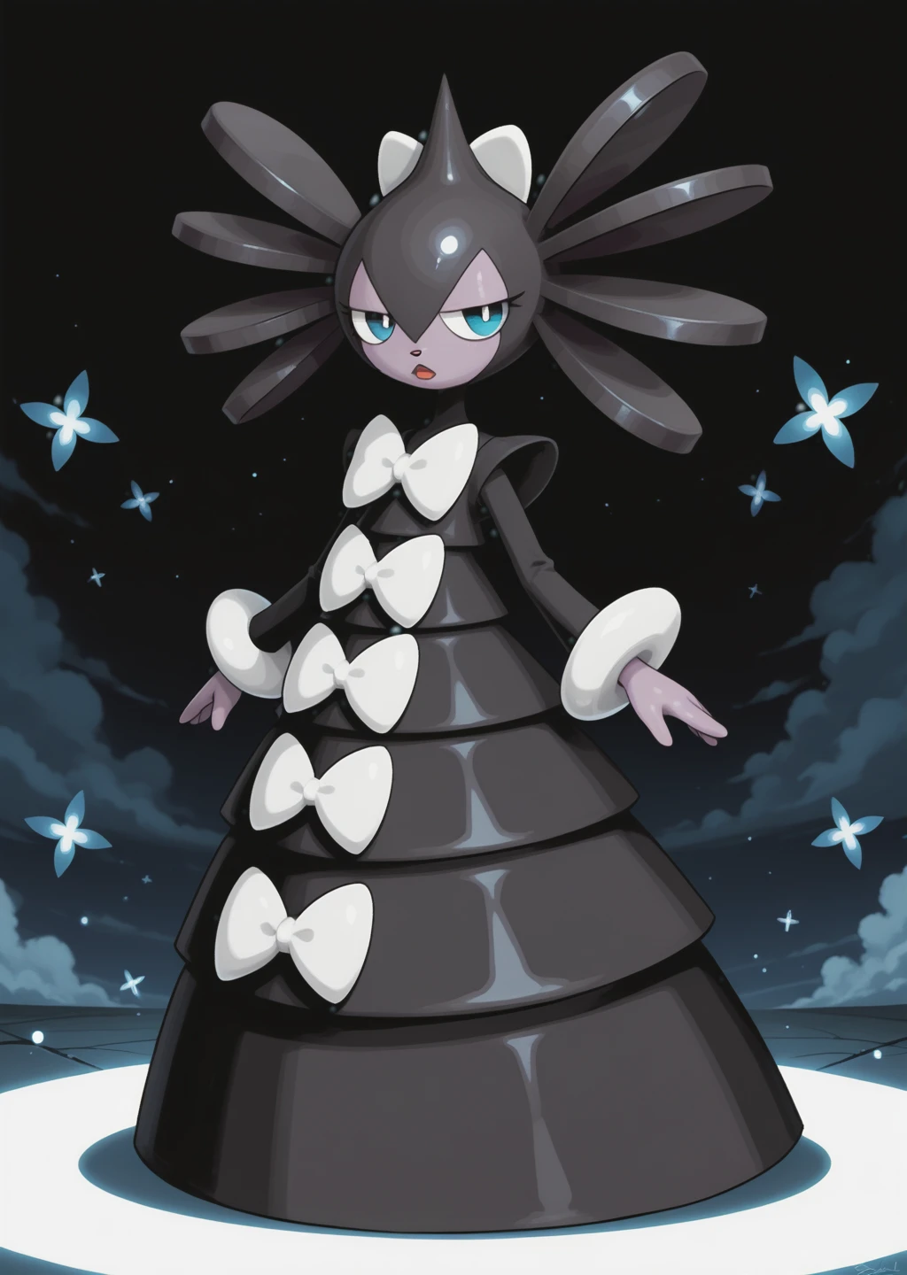masterpiece,  detailed, high quality, BREAK, full body, shiny skin, 1girl,  <lora:Gothitelle (Pokemon BW) [Illustrious]:0.8> gothitelle, black dress, white bows, frills,