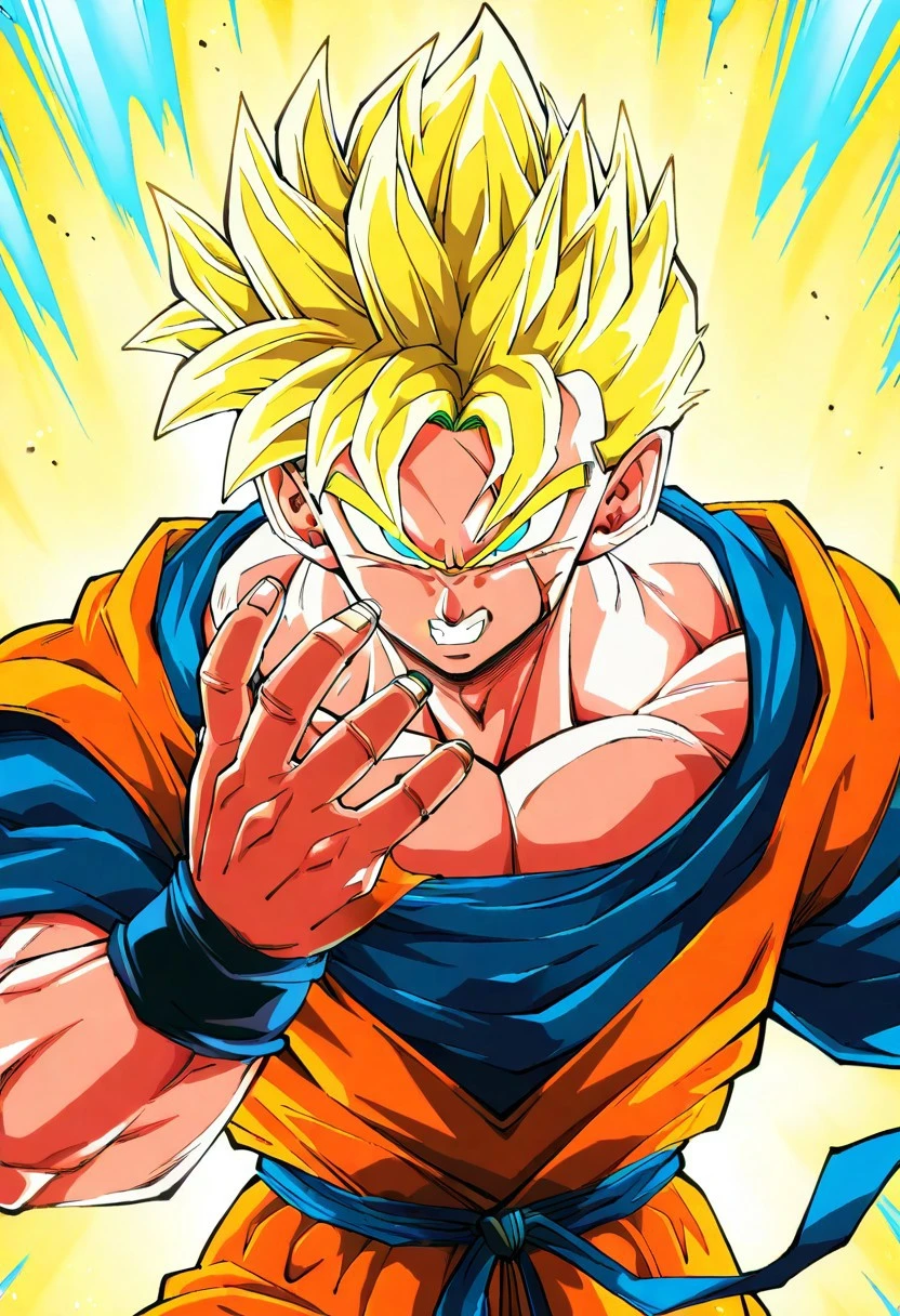 , masterpiece, beautiful,
,
SSMGohan,orange sleevelees dougi, Blue Tshirt under dougi,wristband ,spiked hair, muscular,spikey yellow hair, blue eyes, super saiyan, orange pants, ,blue sash,scar on cheek,scars on face, angry, extending hand, energy attack,v shaped eyes