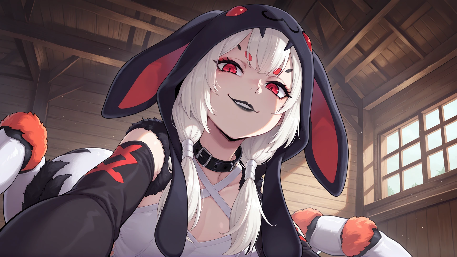 masterpiece, best quality, good quality, very awa, very aesthetic, absurdres, solo,
indoors, barn, smirk, web,
1girl, Spider girl, Arachne, red eyes, white hair, strands of black hair, monster girl, twintails,
 <lora:Maple_-_Possibly_the_Greatest_Alchemist_of_All_Time:0.7>,
Cinny,  collar, black lipstick, animal hood, rabbit hood,
 <lora:Cinny_-_AeriytheNeko_-_illustrious:0.4>,
from below,