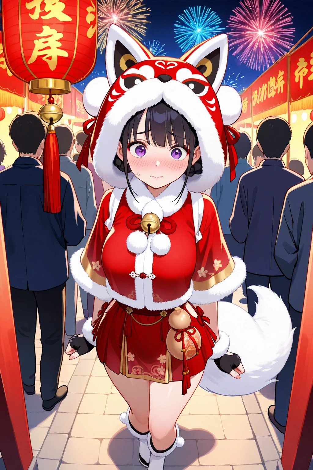 <lora:æ°¸å«æ é´è¡æ¡æ¥æ¡ç¬SDXL:0.7>,1girl,solo,fur trim,full body,white footwear,red hat,(skirt:1.3),hat,(red skirt:1.3),animal hood,bell,black hair,chinese clothes,capelet,double bun,fingerless gloves,fox tail,white tail,pom pom (clothes),purple eyes,
Chinese ancient New Year night market,red lanterns,(Hanfu crowds:1.3),crowd,vendors,firework sparks,festive couplets,standing,curvy,oval face,makeup,fundoshi,long_eyelashes,cowboy_shot,from_above,foreshortening,take the sugar gourd,flustered,shy,side head,, (masterpiece:1.2),best quality,masterpiece,highres,original,extremely detailed wallpaper,perfect lighting,(extremely detailed CG:1.2),