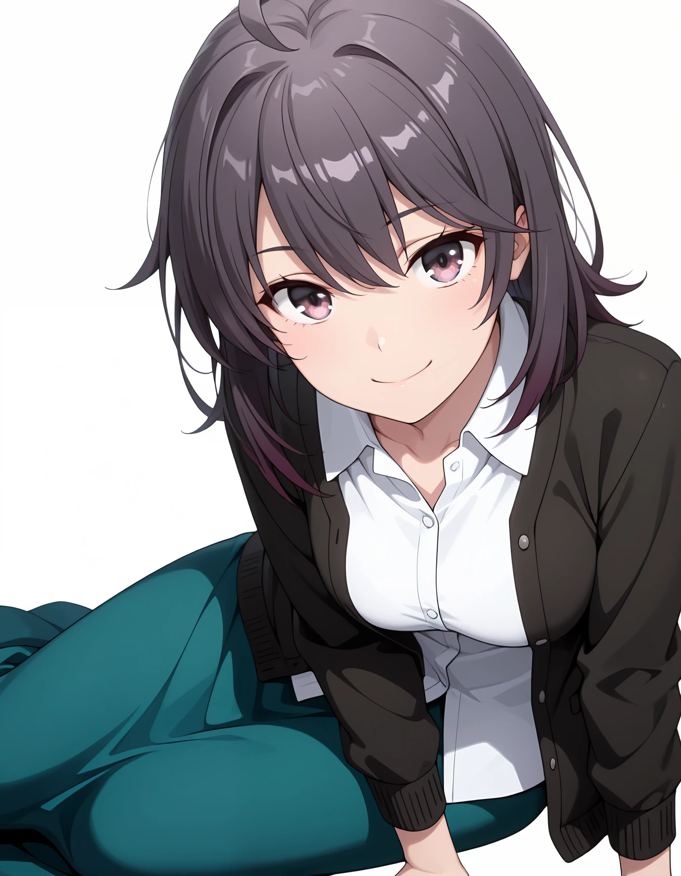 masterpiece,newest,absurdres,best quality,amazing quality,very aesthetic,ultra-detailed,highly detailed,
break,
1girl,smile,solo,looking at viewer,white background,yokozuwari,(foreshortening:0.8),
<lora:SNAFU_Haruno Yukinoshita 1:0.9>
purple eyes,purple hair,short hair,ahoge,parted bangs,
black cardigan,open cardigan,white collared shirt,untucked shirt,green long skirt,